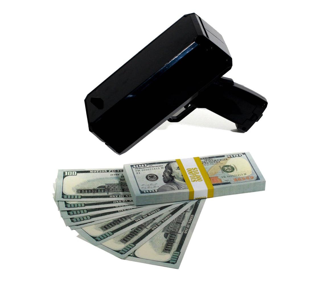 A vibrant money gun shooting out stacks of $10,000 full print prop money in black and red colors.
