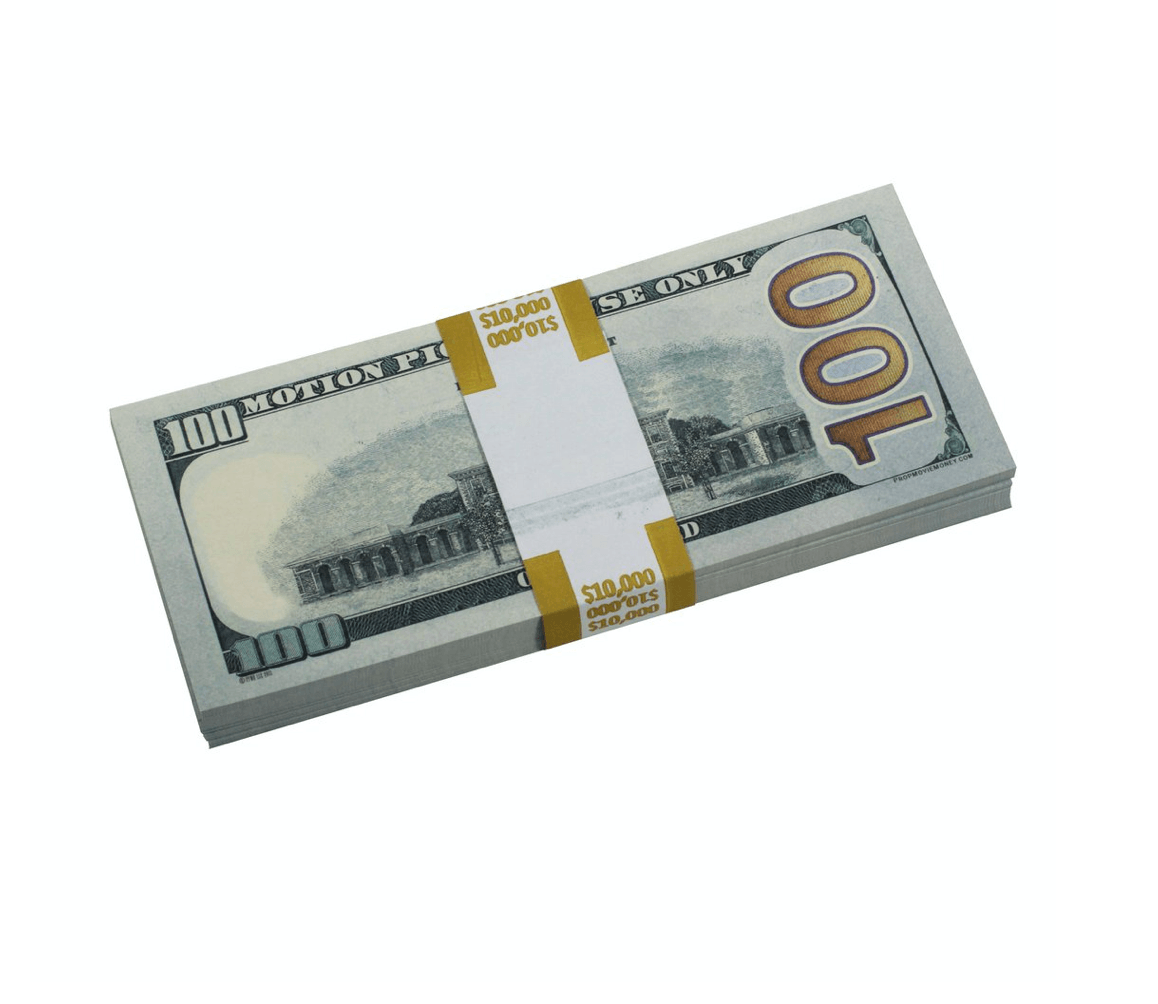 A vibrant money gun shooting out stacks of $10,000 full print prop money in black and red colors.