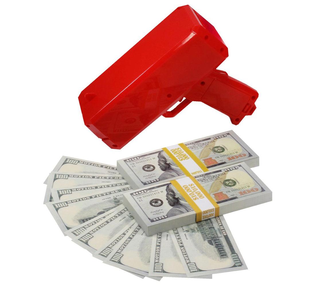 A vibrant money gun shooting out stacks of $10,000 full print prop money in black and red colors.