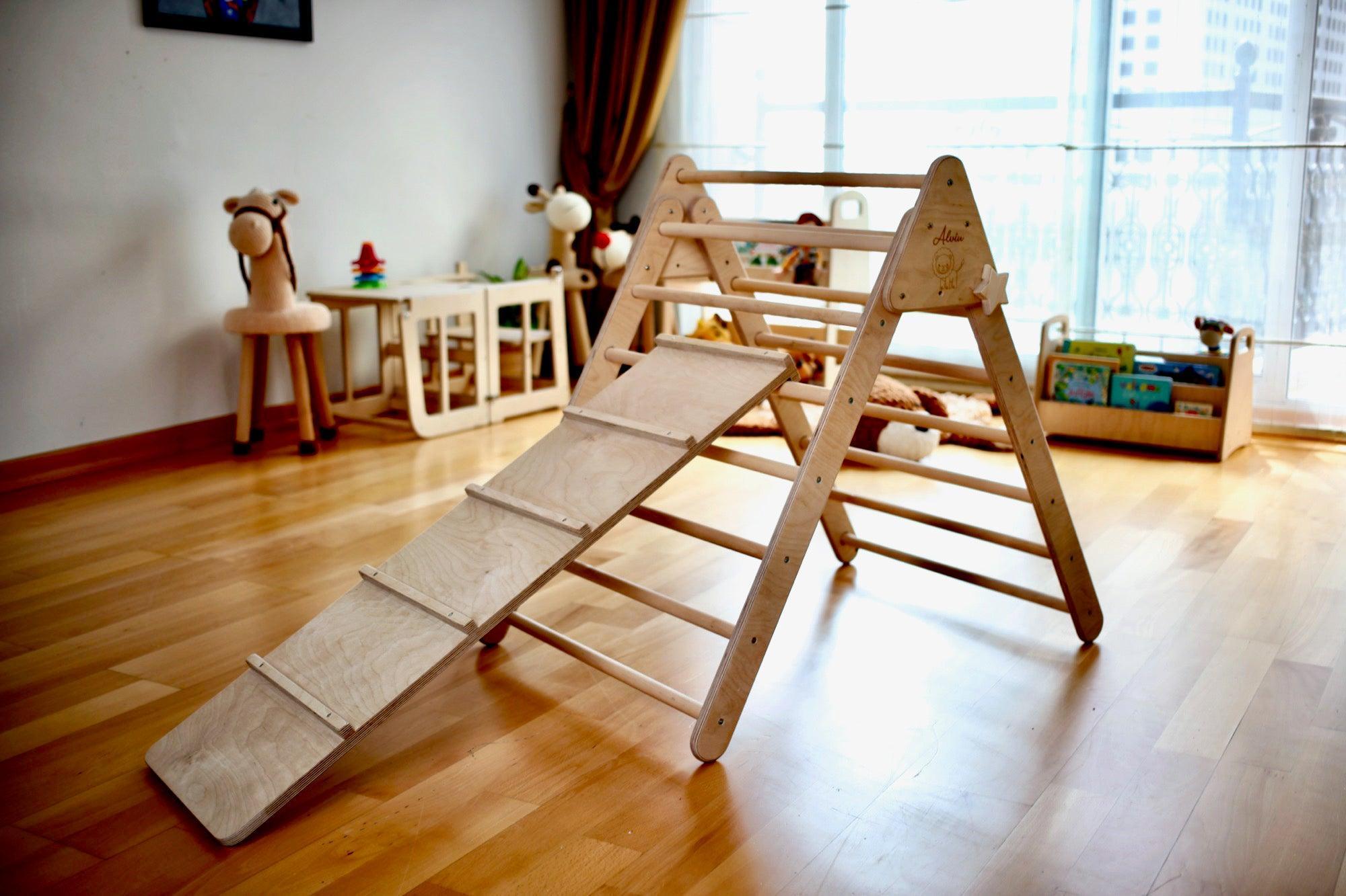 Montessori Climbing Set featuring a Pikler Triangle, Climbing Arch, and a 2-in-1 Ramp, made from natural wood, designed for children's play and development.