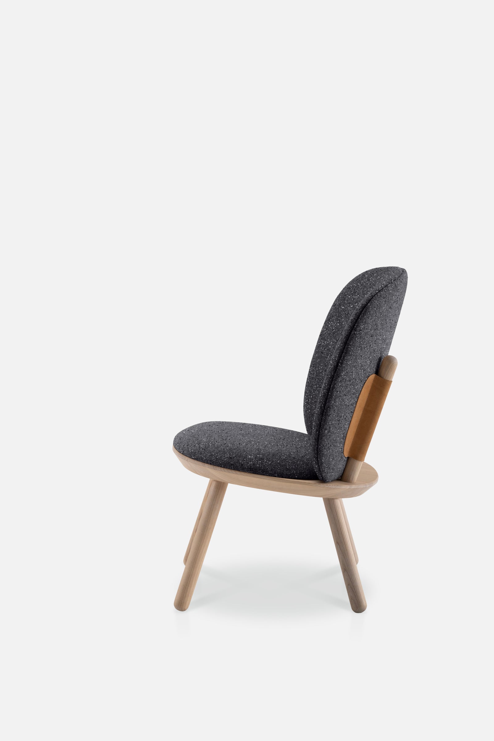 Naïve Low Chair in Black Solid Ash featuring a leather strap backrest, showcasing its elegant design and sturdy construction.