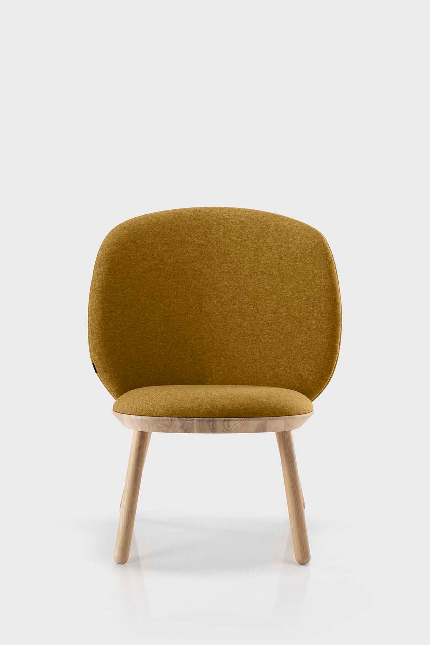 Naïve Low Chair featuring a large leather strap, wooden body, and textile upholstery, designed for comfort and style.