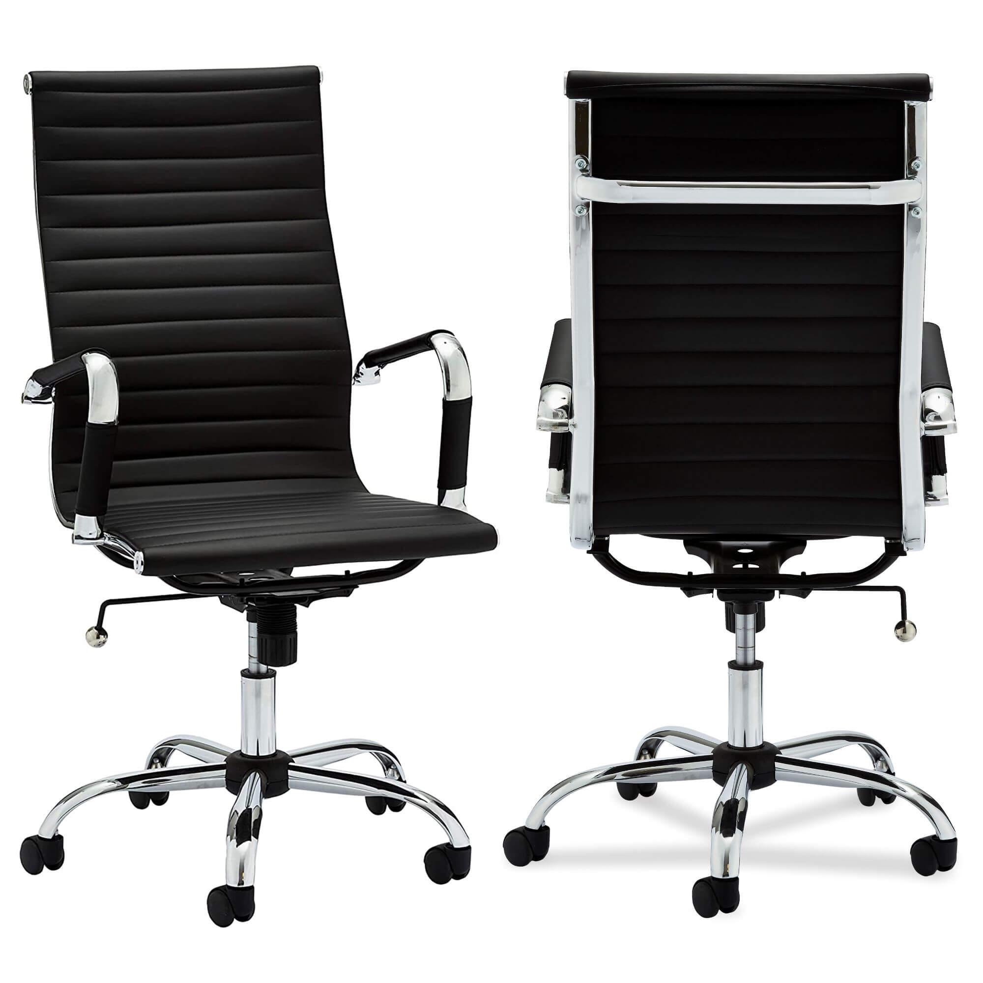 Designo Black Office Chair with high backrest and silver metal base, featuring elegant channel-seamed upholstery.