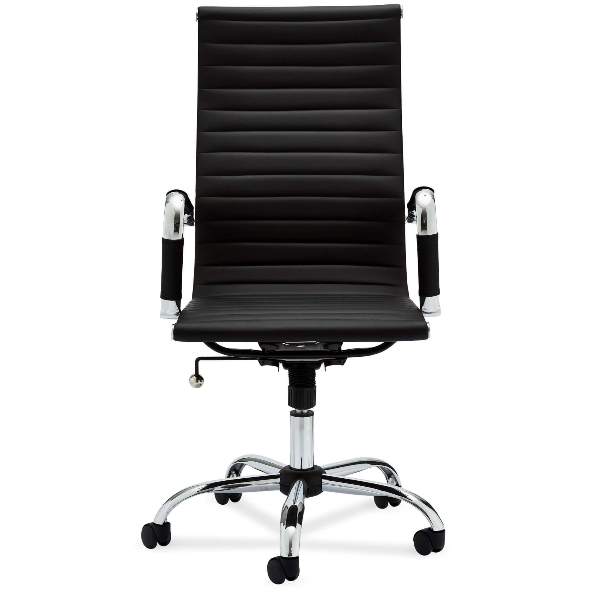 Designo Black Office Chair with high backrest and silver metal base, featuring elegant channel-seamed upholstery.