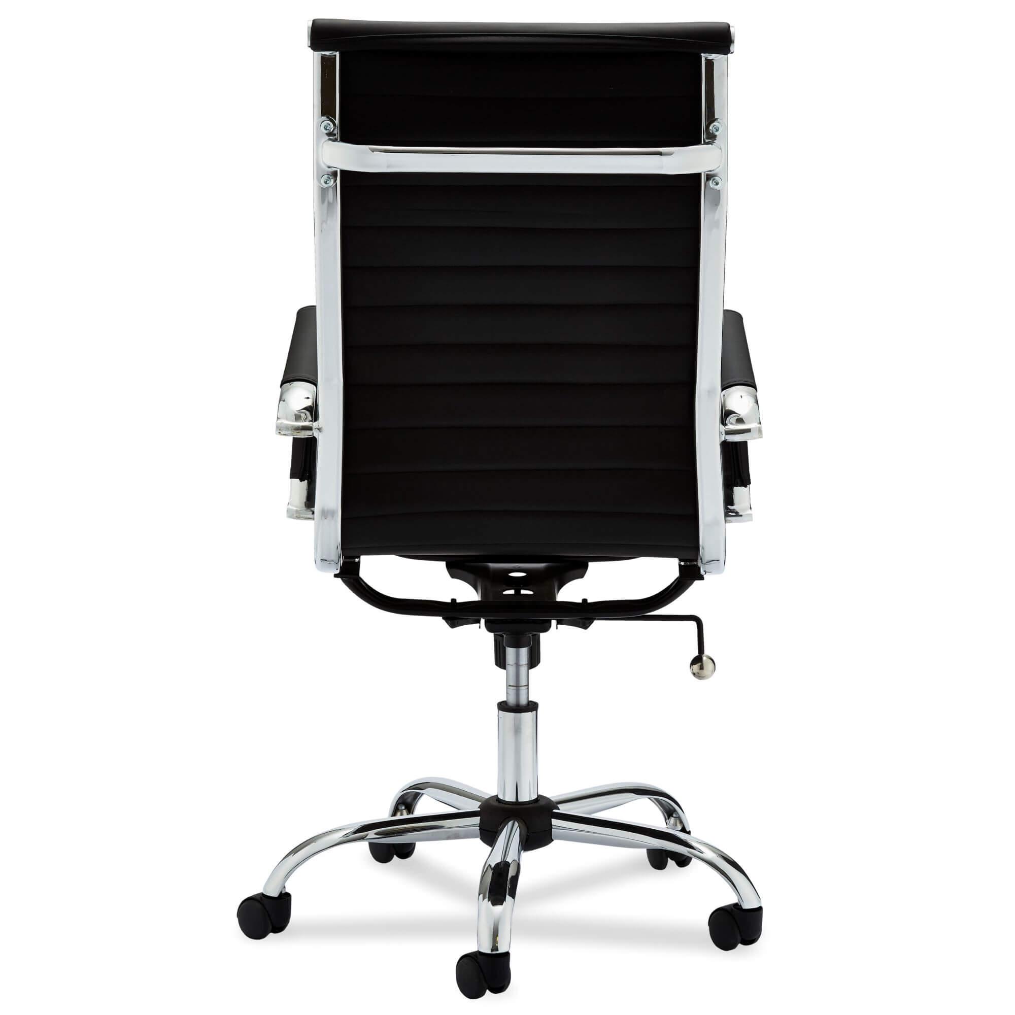 Designo Black Office Chair with high backrest and silver metal base, featuring elegant channel-seamed upholstery.