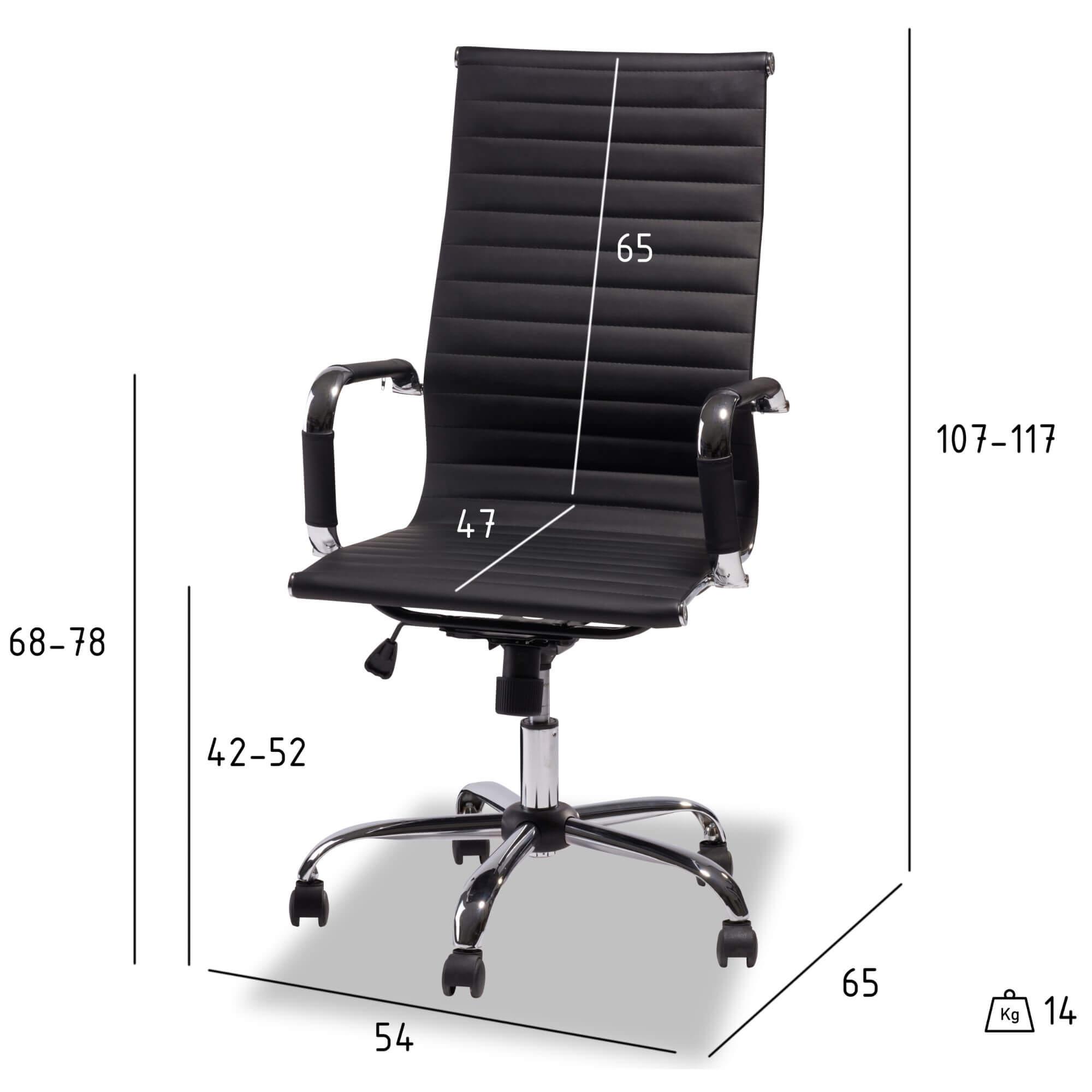 Designo Black Office Chair with high backrest and silver metal base, featuring elegant channel-seamed upholstery.
