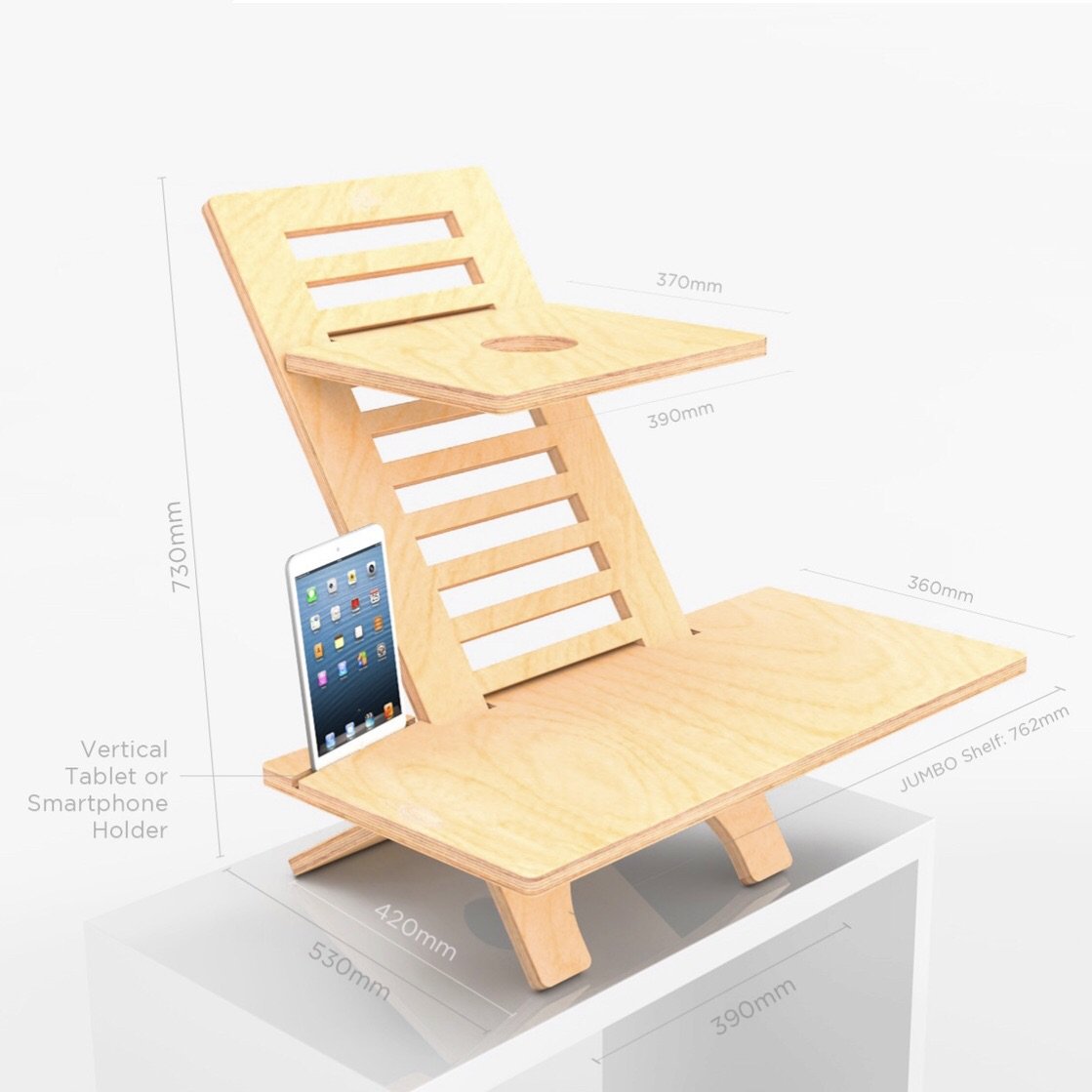 Original DeskStand - Adjustable Standing Desk featuring a sleek design with a built-in cable manager and smartphone holder, made from premium Baltic Birch plywood.