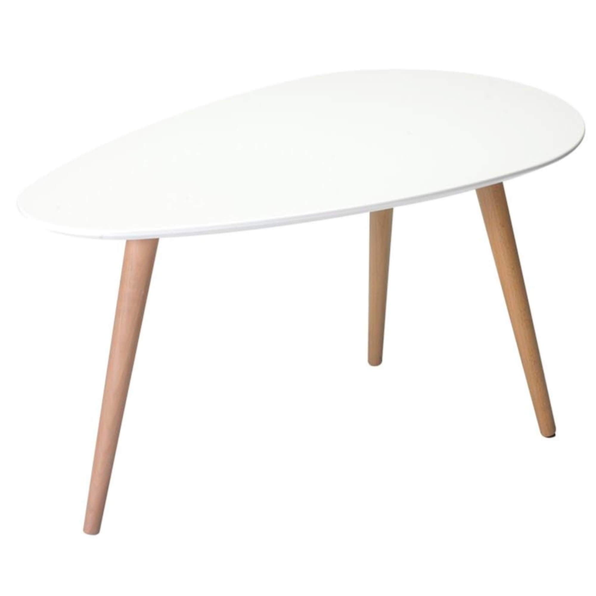 Oval white coffee table made of beech wood and medium density-fiberboard, featuring a sleek Scandinavian design.