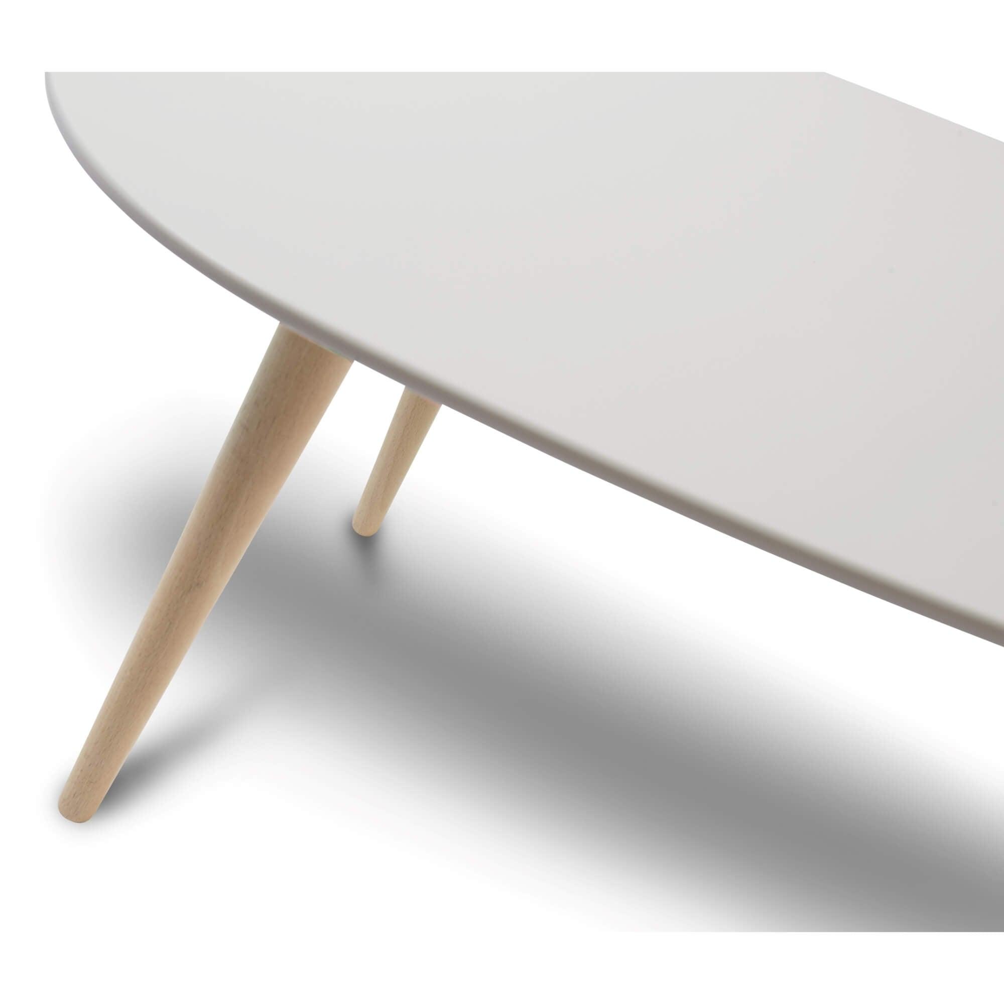 Oval white coffee table made of beech wood and medium density-fiberboard, featuring a sleek Scandinavian design.
