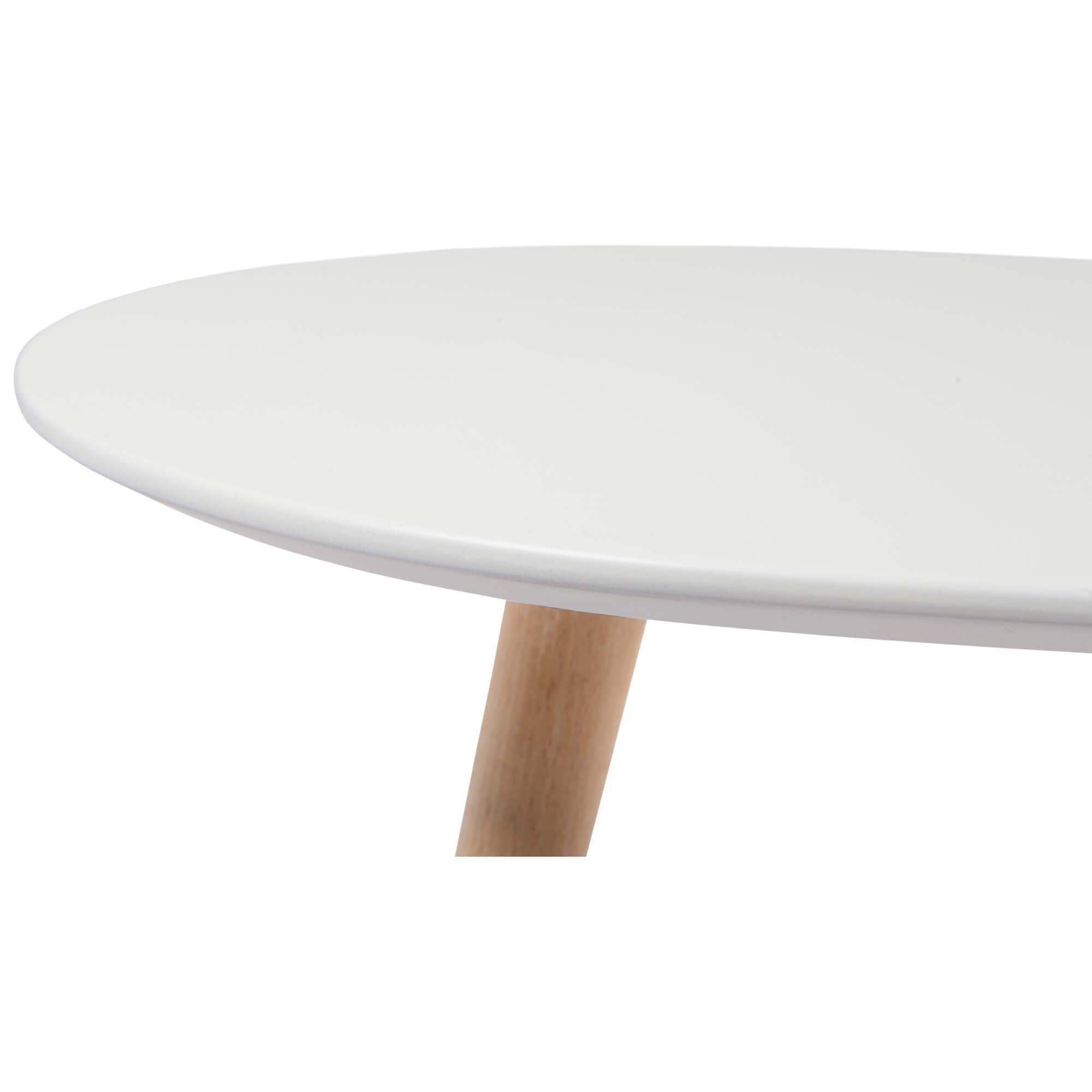 Oval white coffee table made of beech wood and medium density-fiberboard, featuring a sleek Scandinavian design.
