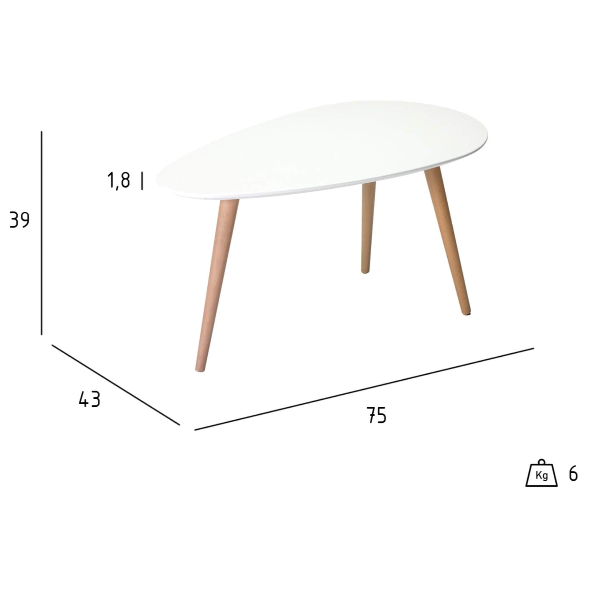 Oval white coffee table made of beech wood and medium density-fiberboard, featuring a sleek Scandinavian design.