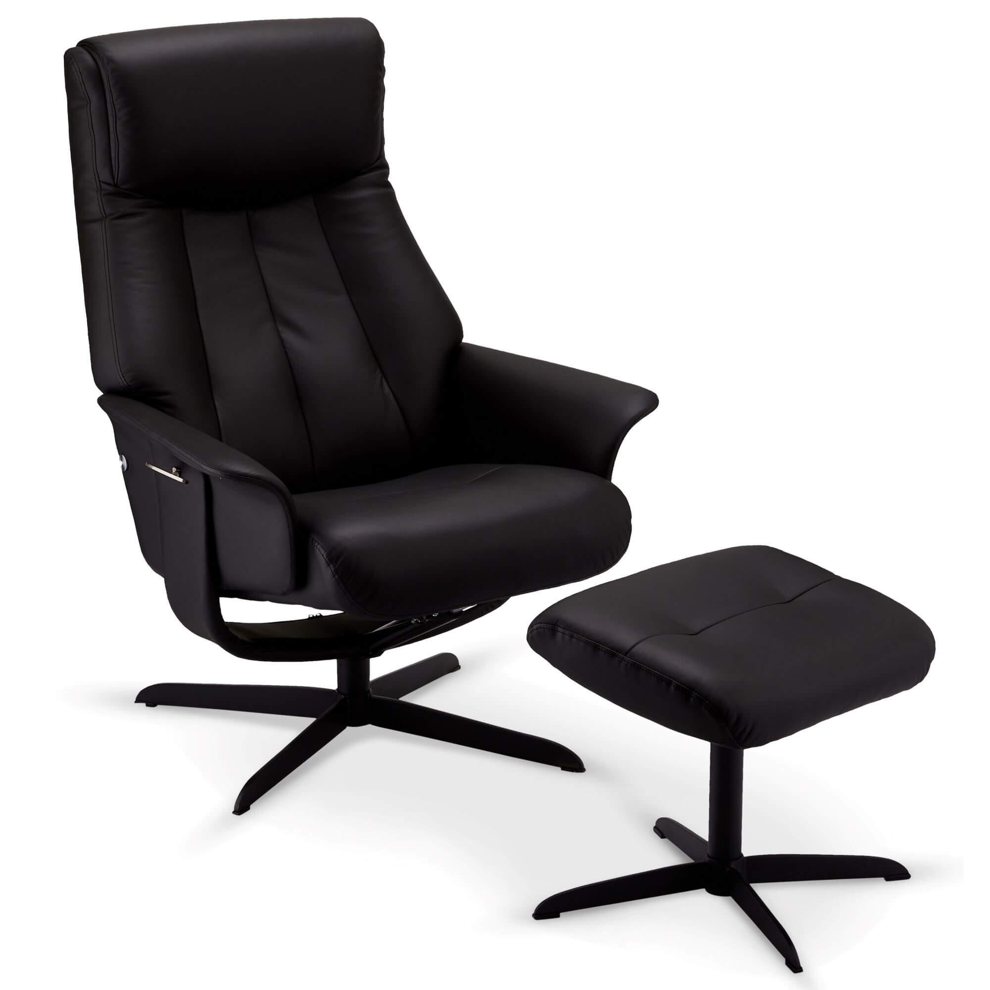 Bilbao Recliner in black leather with matching footstool, showcasing luxurious design and comfort.