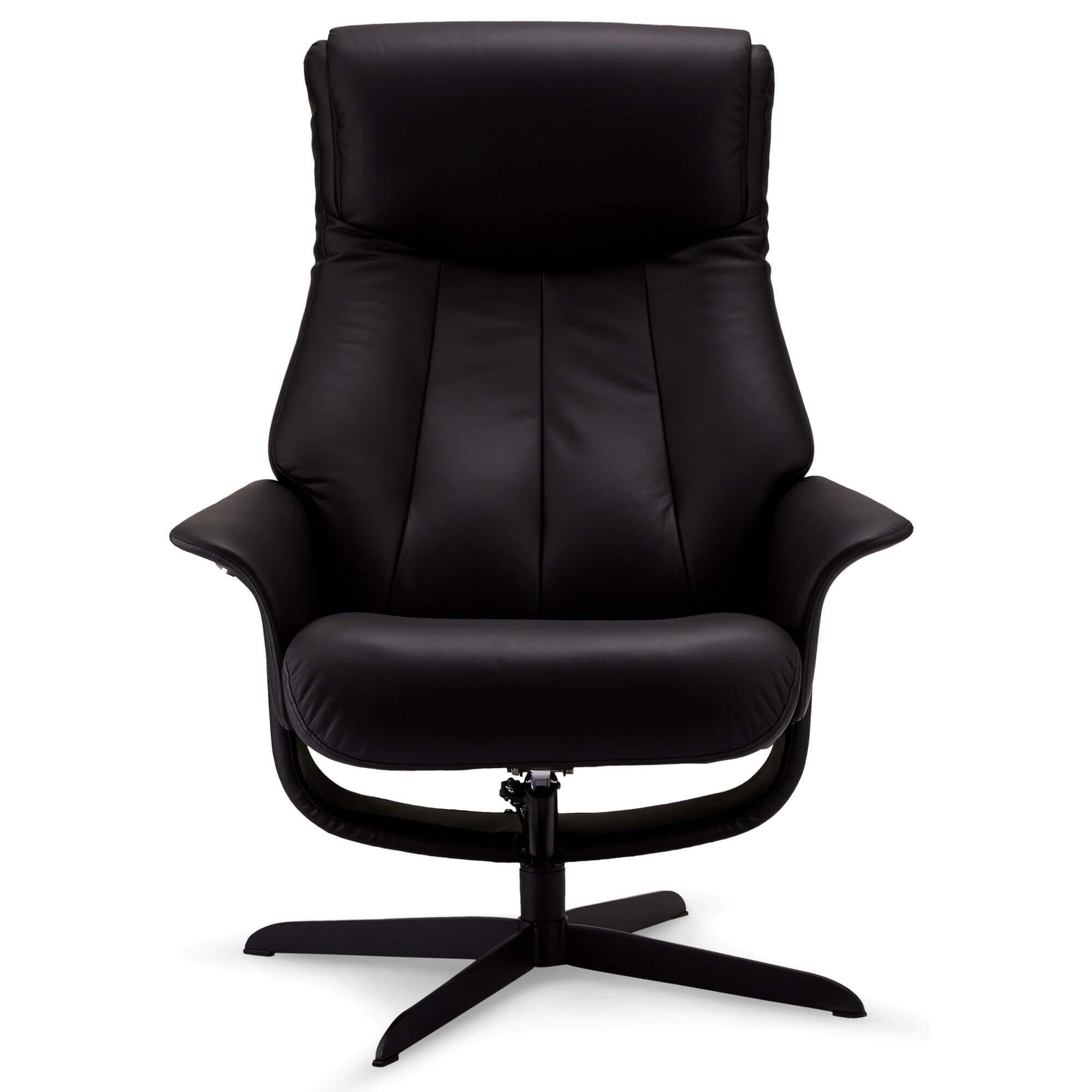Bilbao Recliner in black leather with matching footstool, showcasing luxurious design and comfort.