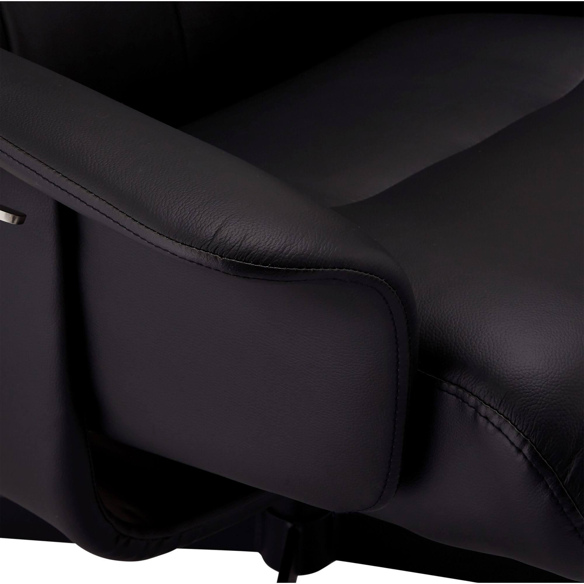 Bilbao Recliner in black leather with matching footstool, showcasing luxurious design and comfort.