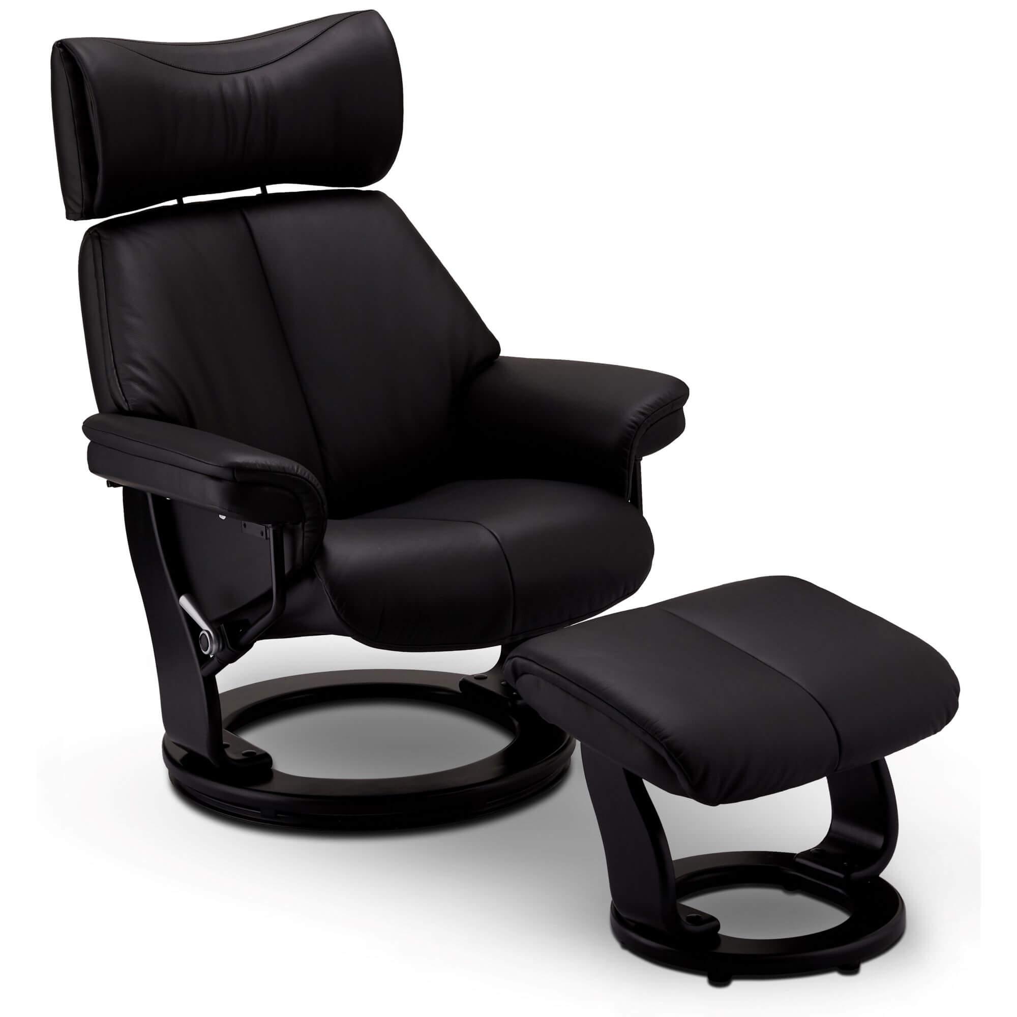 Toledo Recliner in black leather with matching footstool, showcasing rich padding and a wooden rotating base.