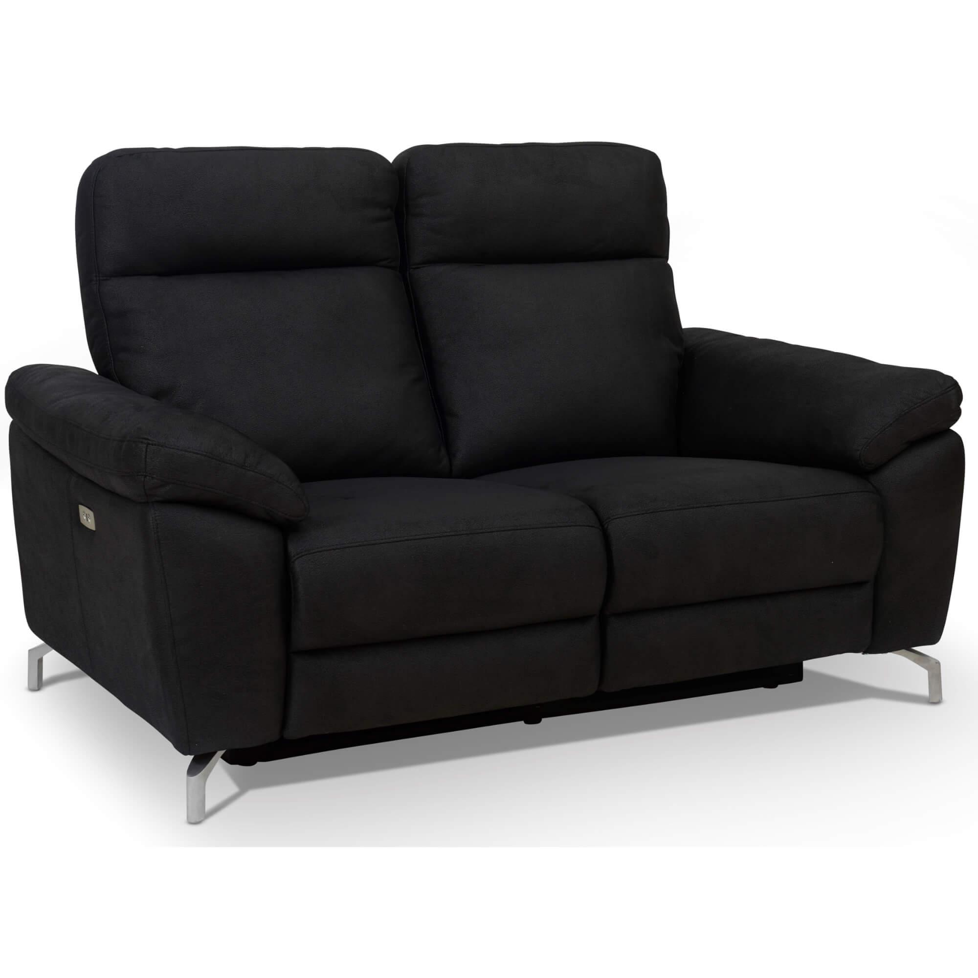 Selesta Black Fabric 2-Seater Sofa with electric relaxation and USB ports, showcasing its elegant design and plush seating.
