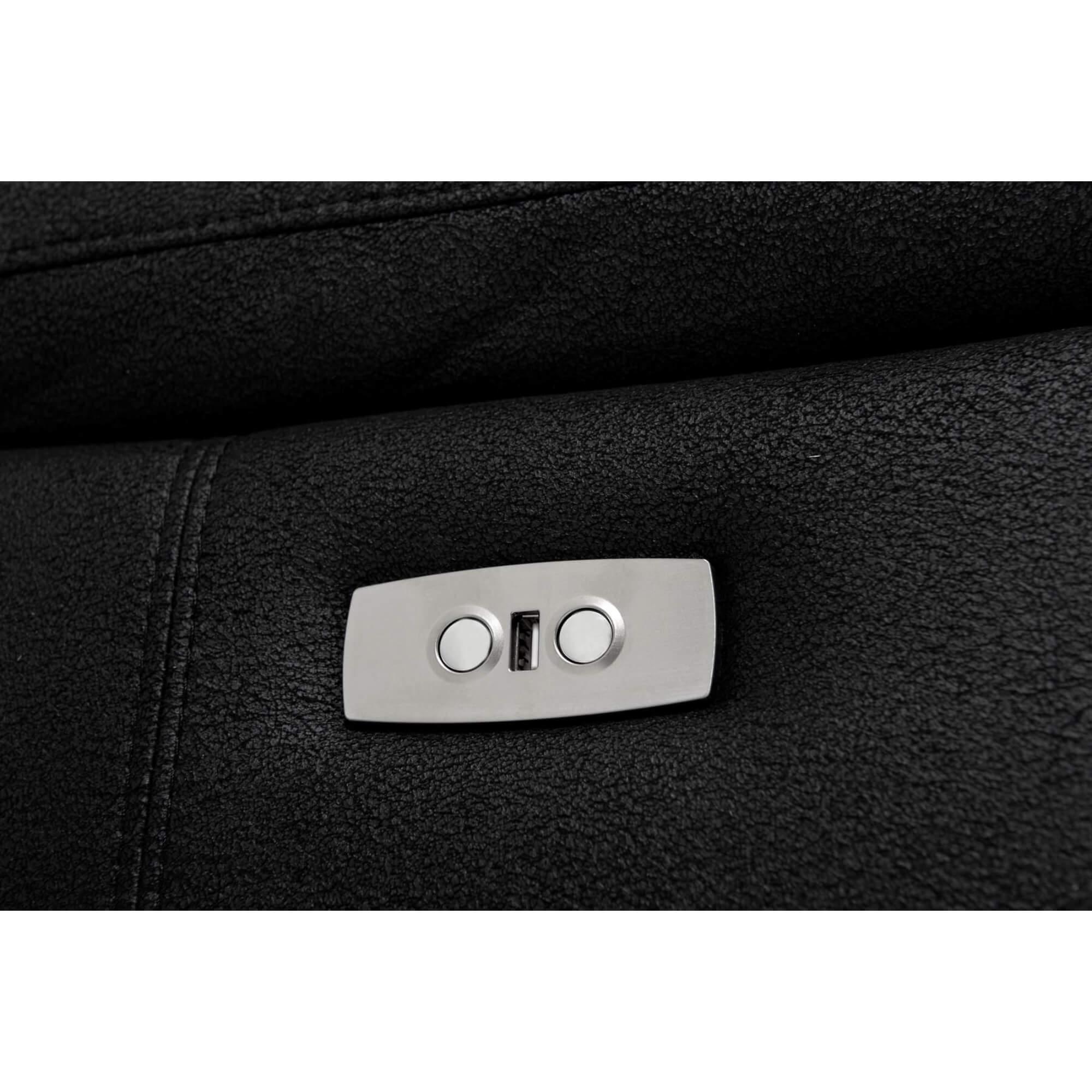 Selesta Black Fabric 2-Seater Sofa with electric relaxation and USB ports, showcasing its elegant design and plush seating.