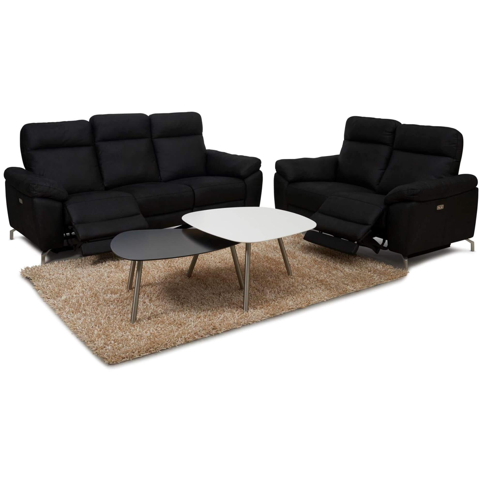 Selesta Black Fabric 2-Seater Sofa with electric relaxation and USB ports, showcasing its elegant design and plush seating.
