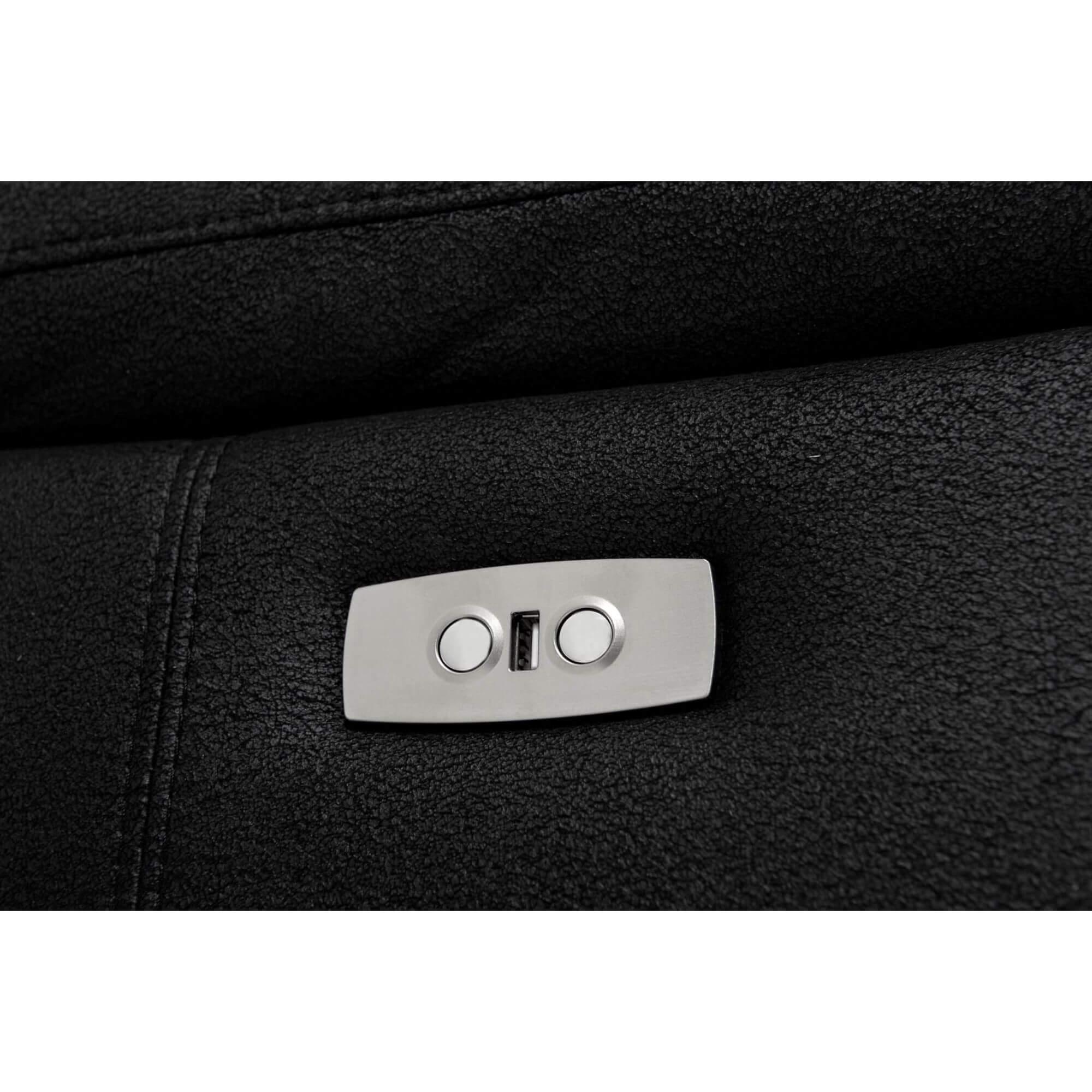 Selesta Black Fabric 2-Seater Sofa with electric relaxation and USB ports, showcasing its elegant design and plush seating.