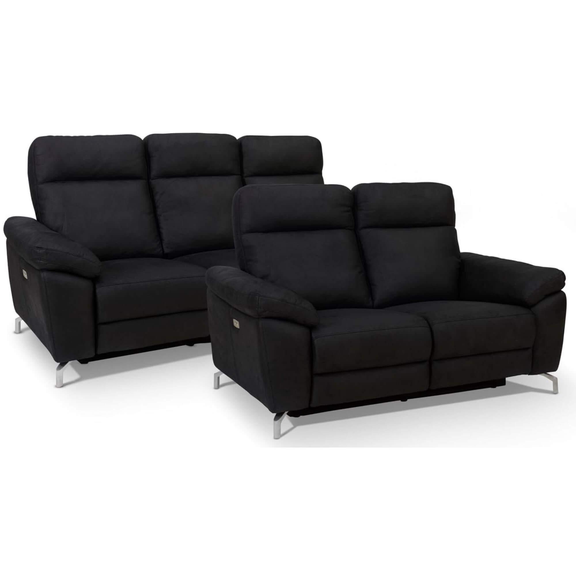 Selesta Black Fabric 2-Seater Sofa with electric relaxation and USB ports, showcasing its elegant design and plush seating.
