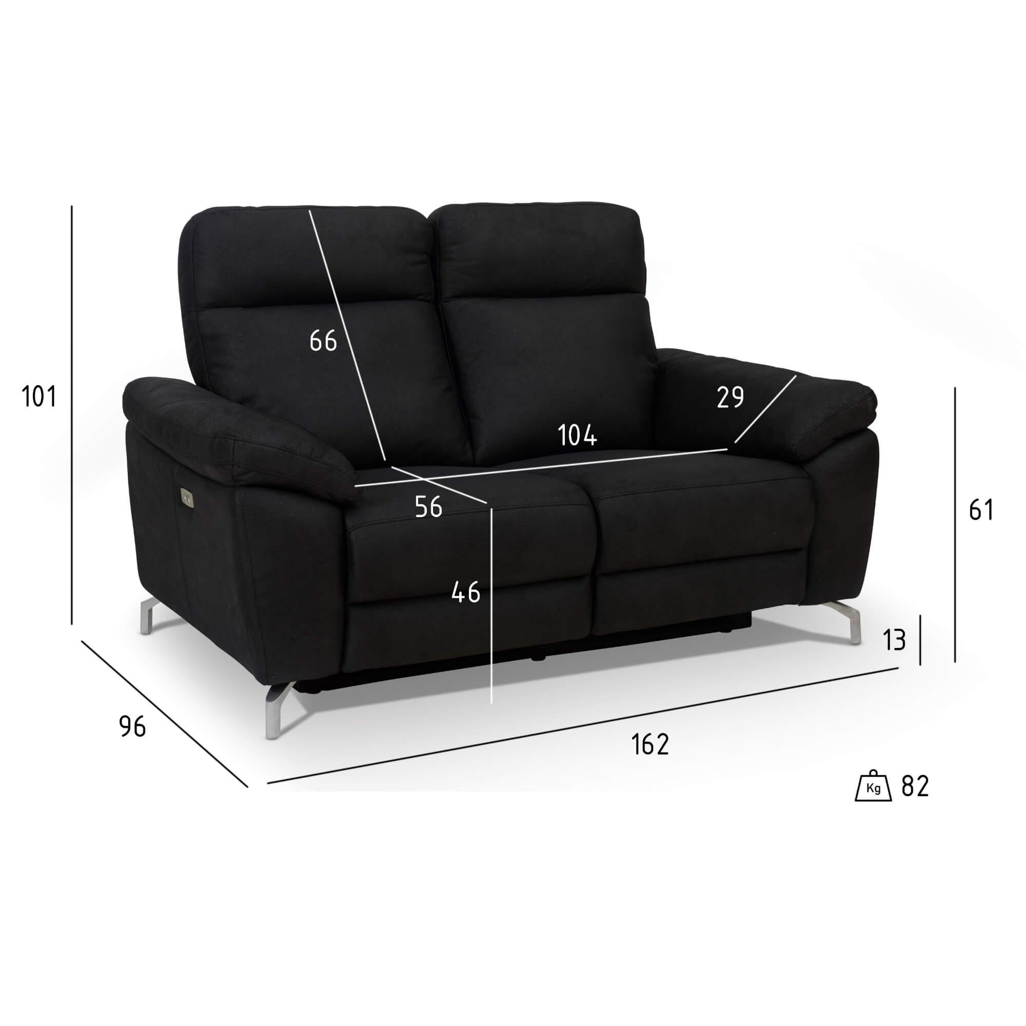 Selesta Black Fabric 2-Seater Sofa with electric relaxation and USB ports, showcasing its elegant design and plush seating.
