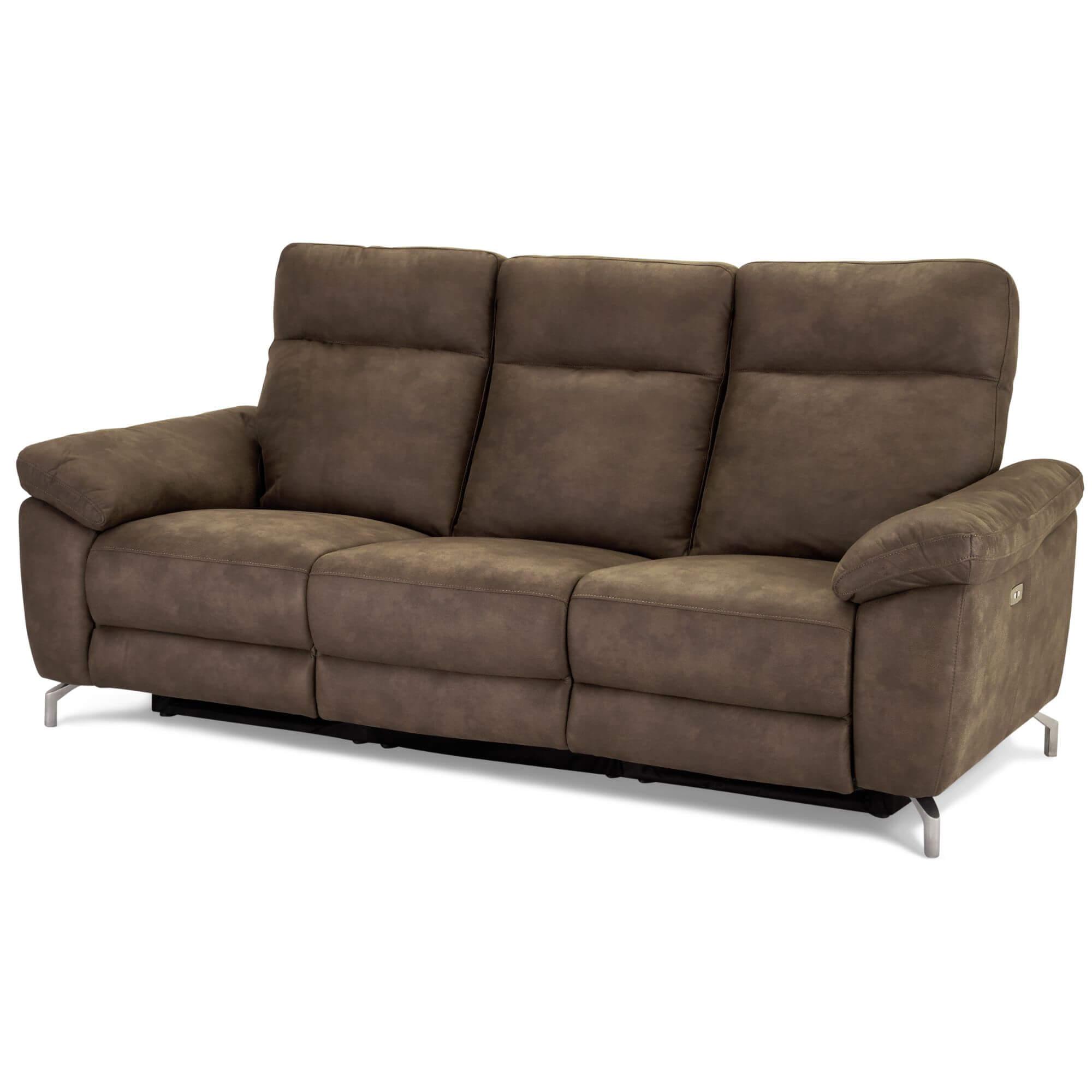 Reclining 3-seater sofa Selesta in brown fabric, showcasing its elegant design and electric relaxation features.