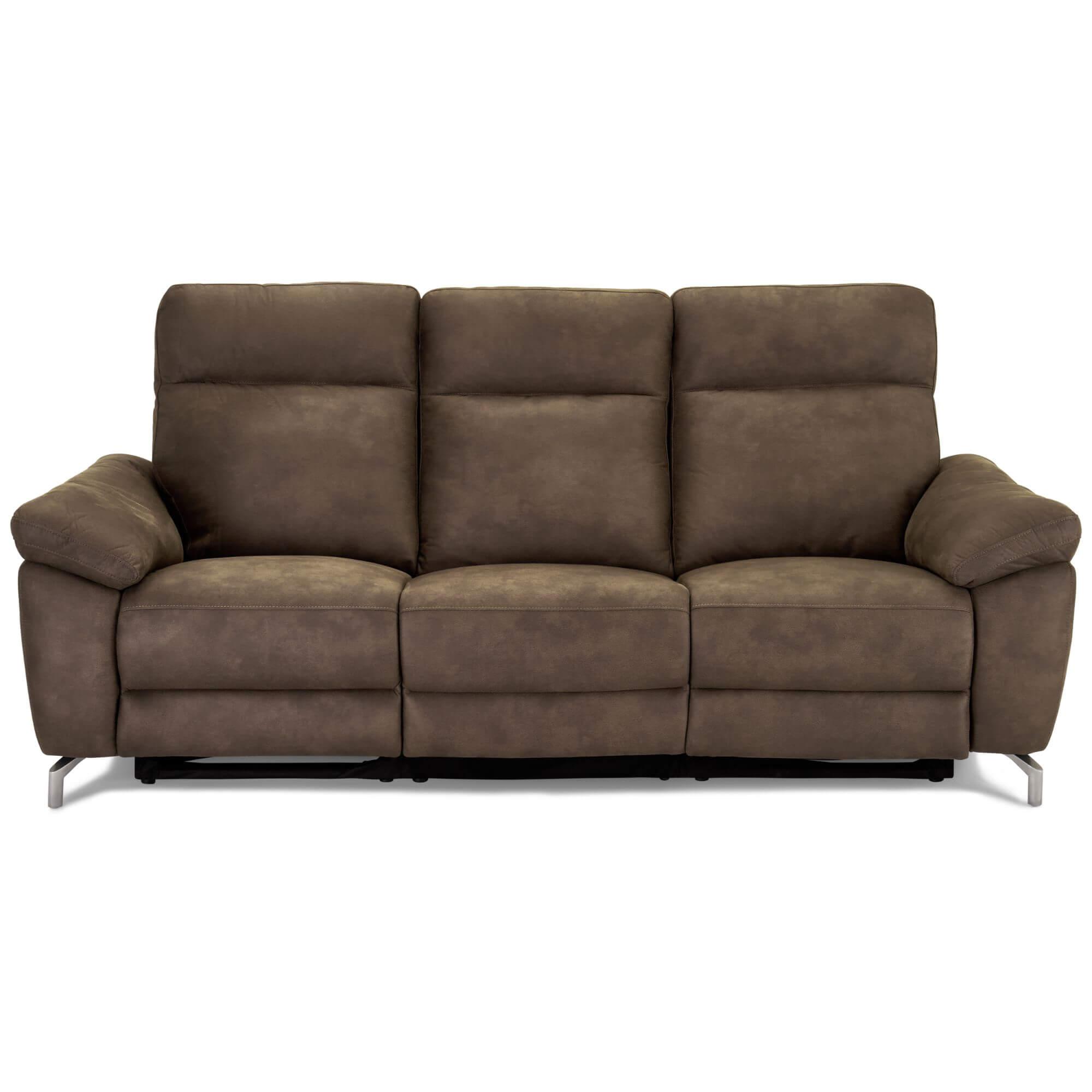 Reclining 3-seater sofa Selesta in brown fabric, showcasing its elegant design and electric relaxation features.