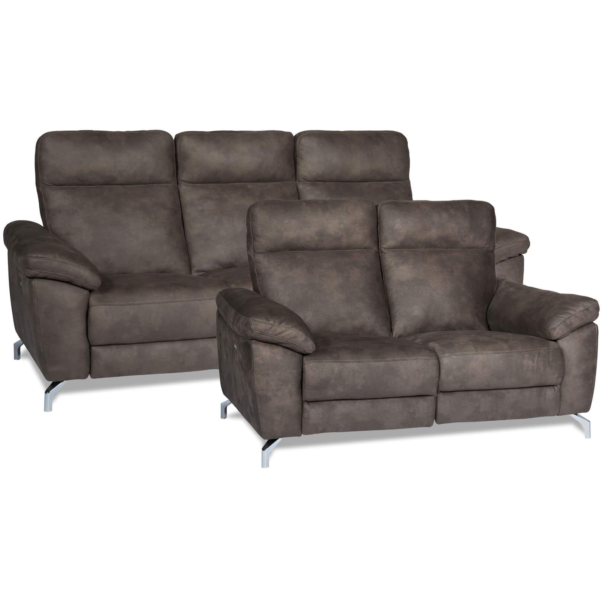 Reclining 3-seater sofa Selesta in brown fabric, showcasing its elegant design and electric relaxation features.