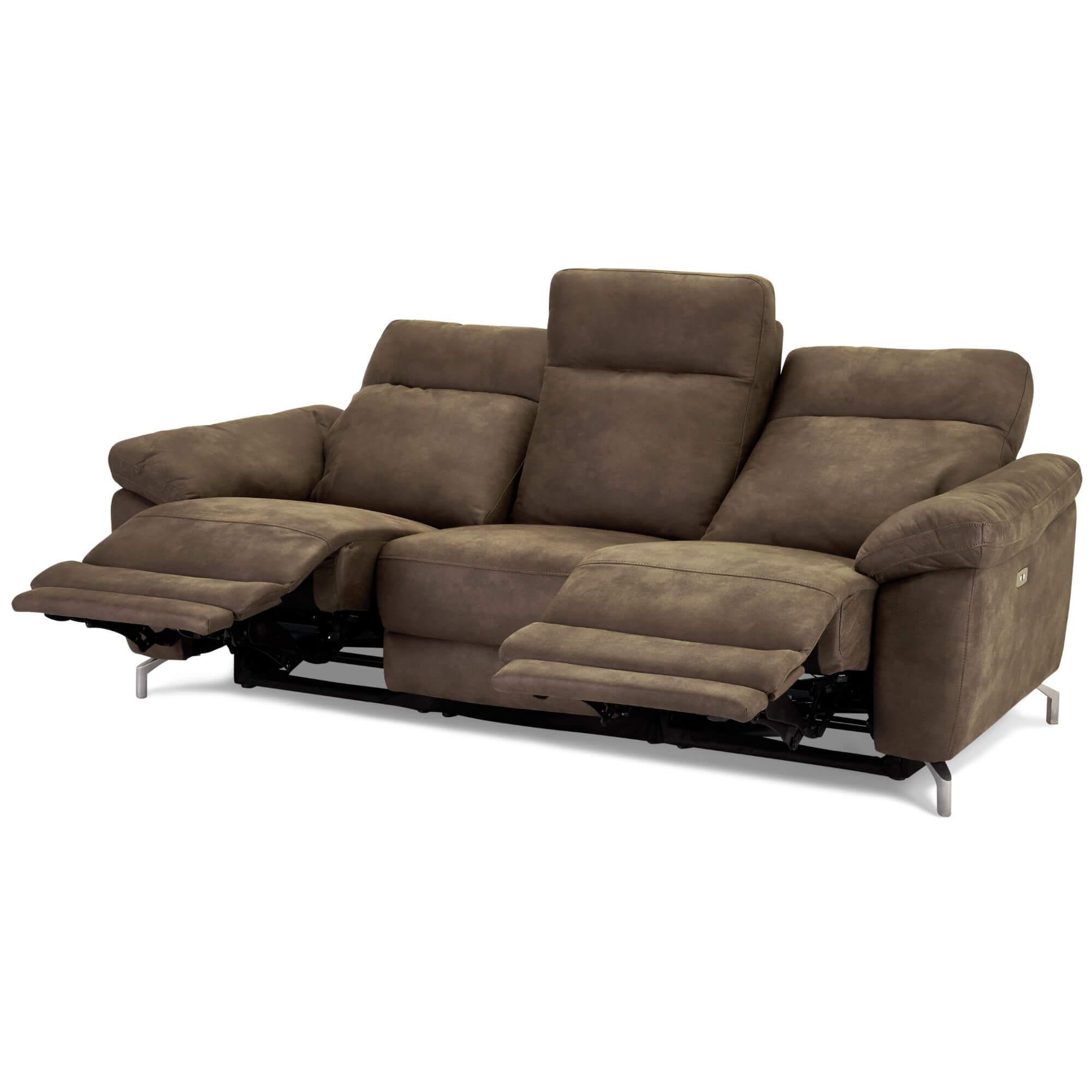 Reclining 3-seater sofa Selesta in brown fabric, showcasing its elegant design and electric relaxation features.