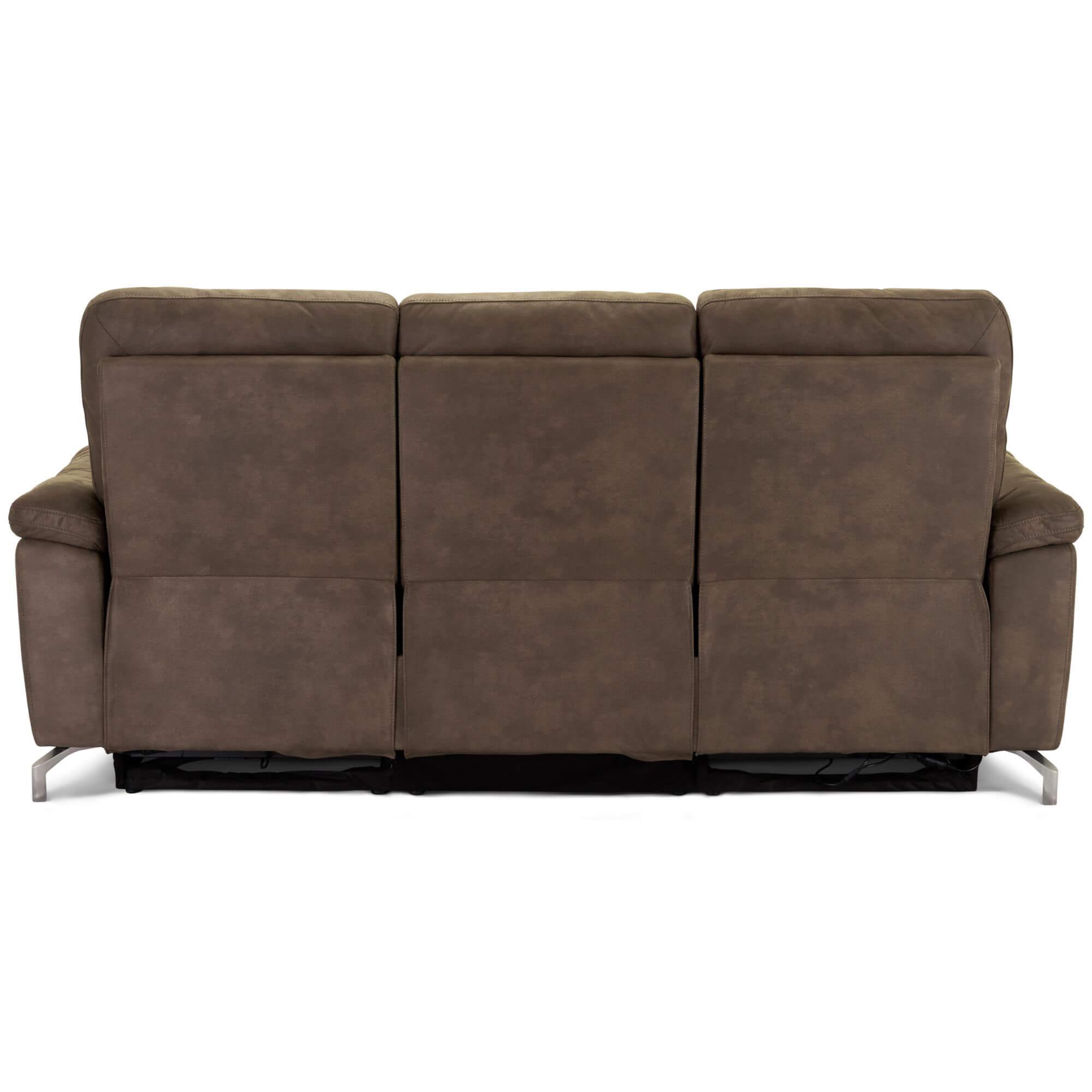 Reclining 3-seater sofa Selesta in brown fabric, showcasing its elegant design and electric relaxation features.