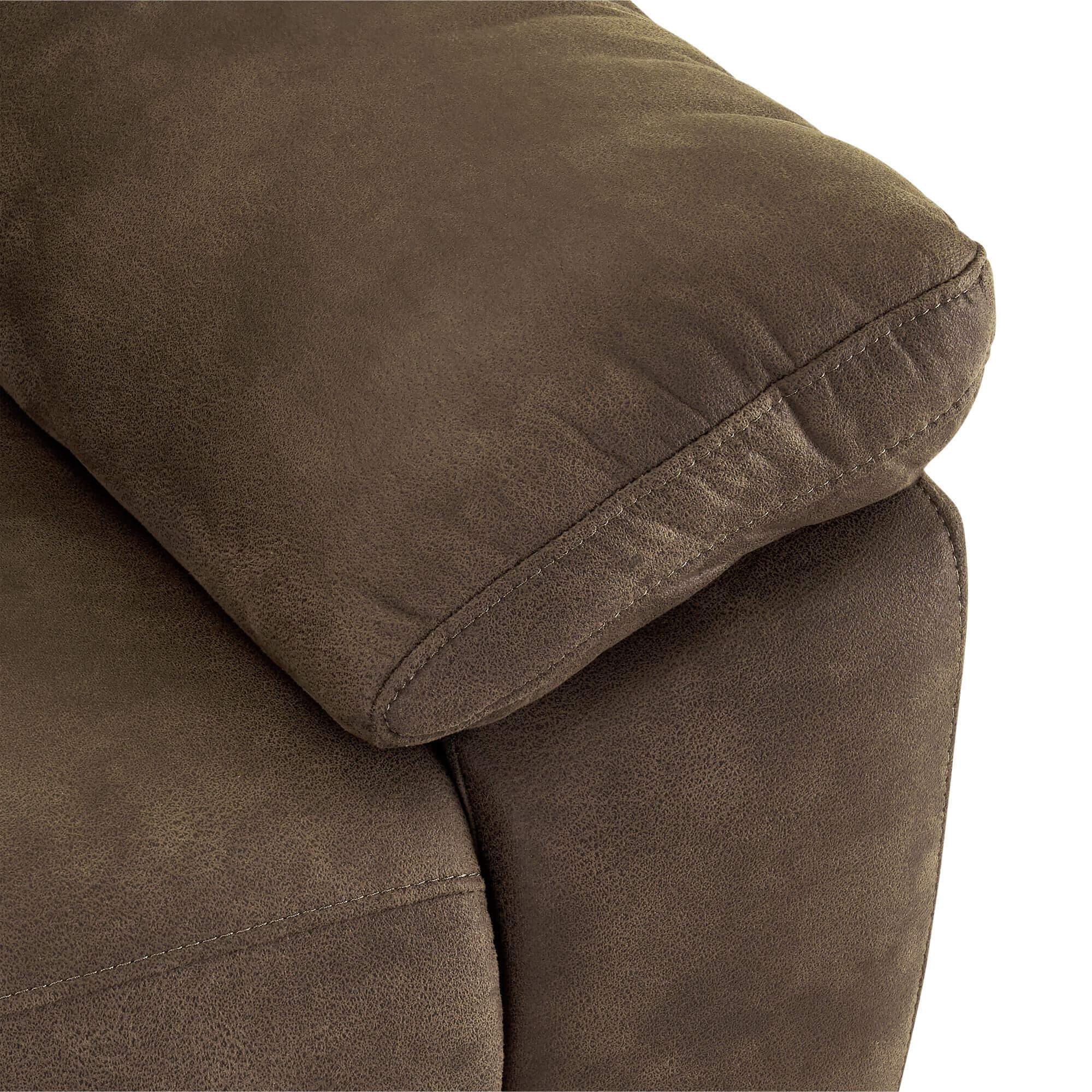 Reclining 3-seater sofa Selesta in brown fabric, showcasing its elegant design and electric relaxation features.