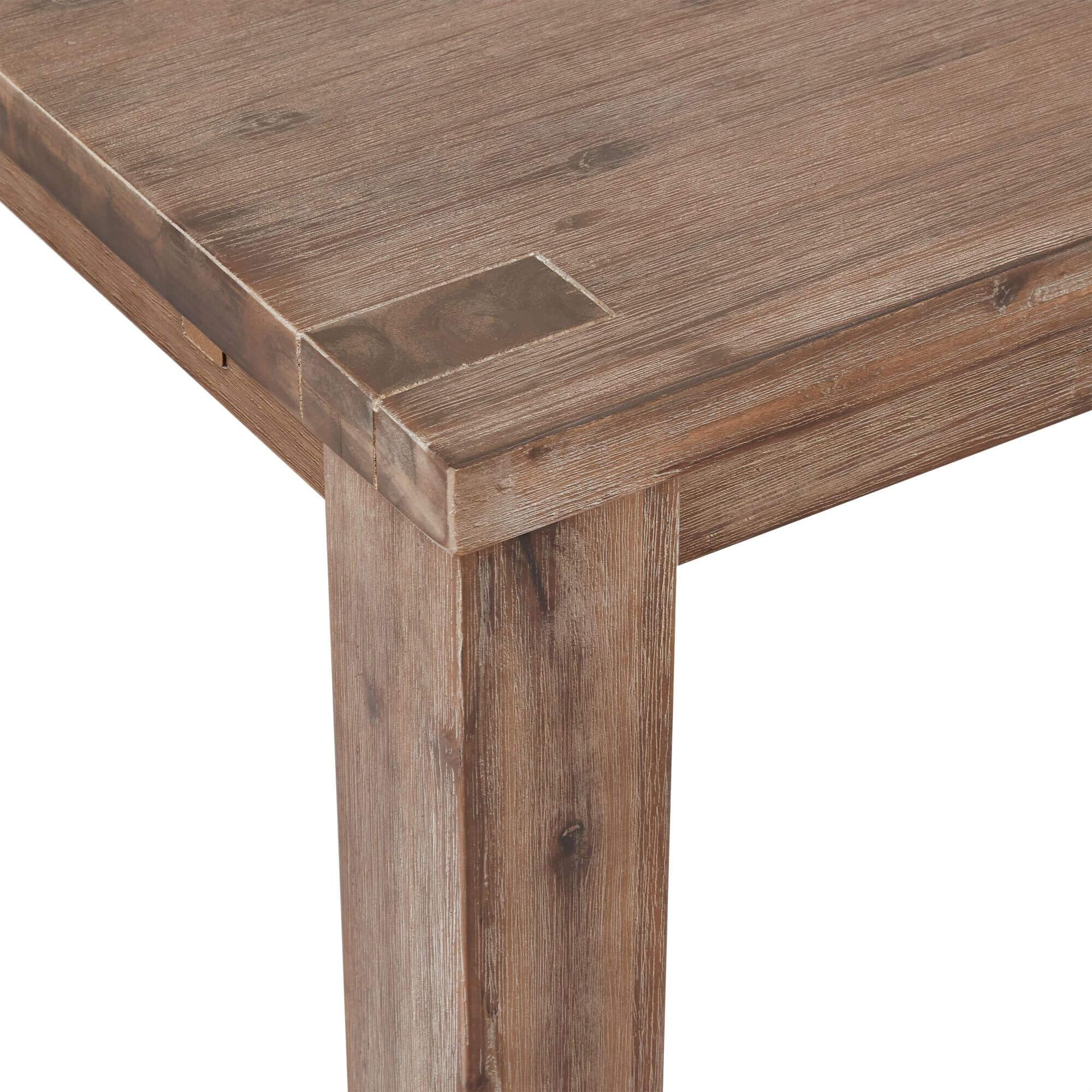Alaska Rectangular Solid Acacia Dining Table 180x90 cm with a brushed surface showcasing unique wood grain patterns.