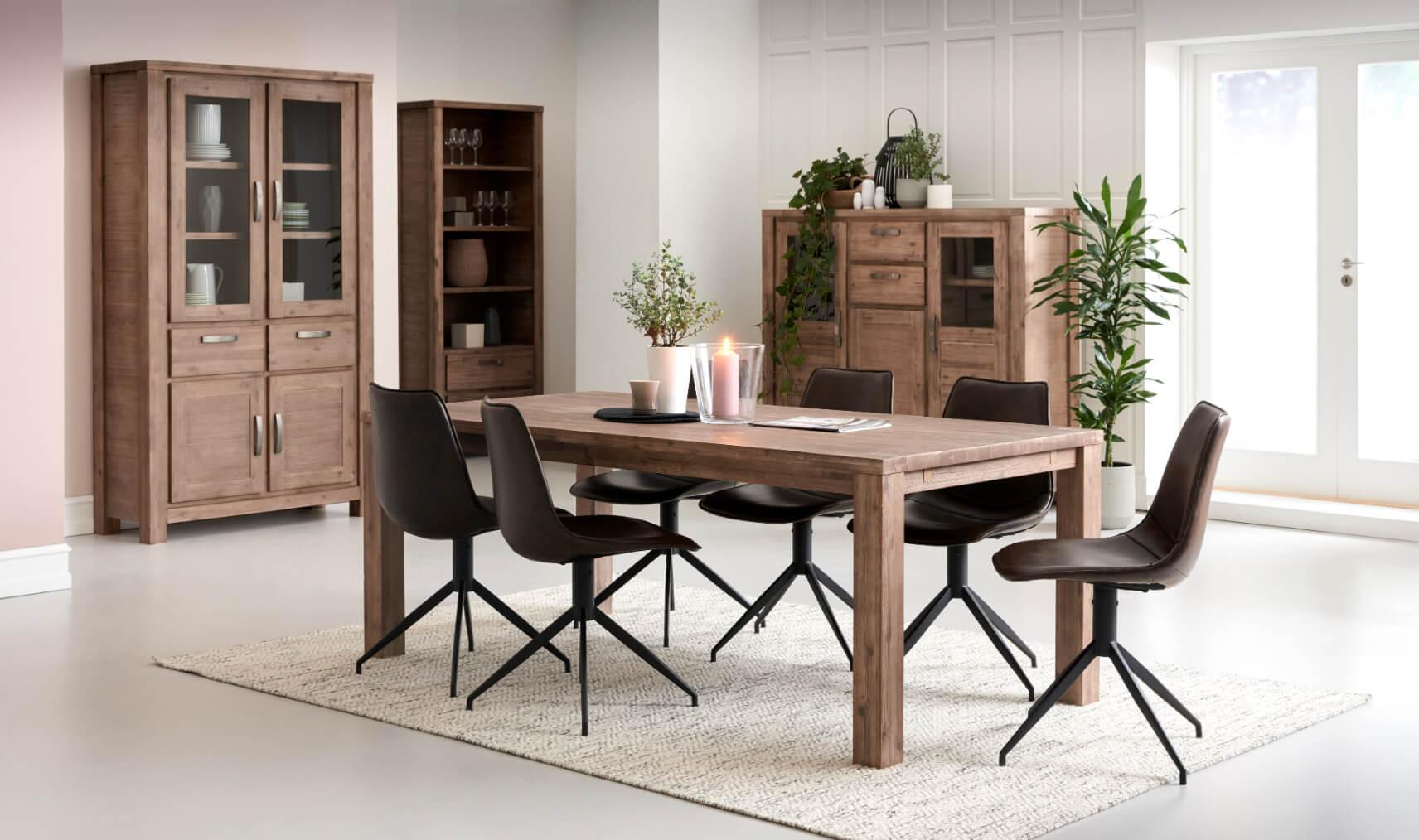 Alaska Rectangular Solid Acacia Dining Table 180x90 cm with a brushed surface showcasing unique wood grain patterns.