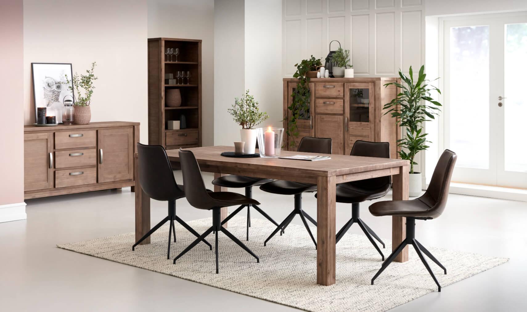 Rectangular Solid Acacia Dining Table 200x100 cm Alaska showcasing its rich wood grain and brushed surface, perfect for dining rooms.