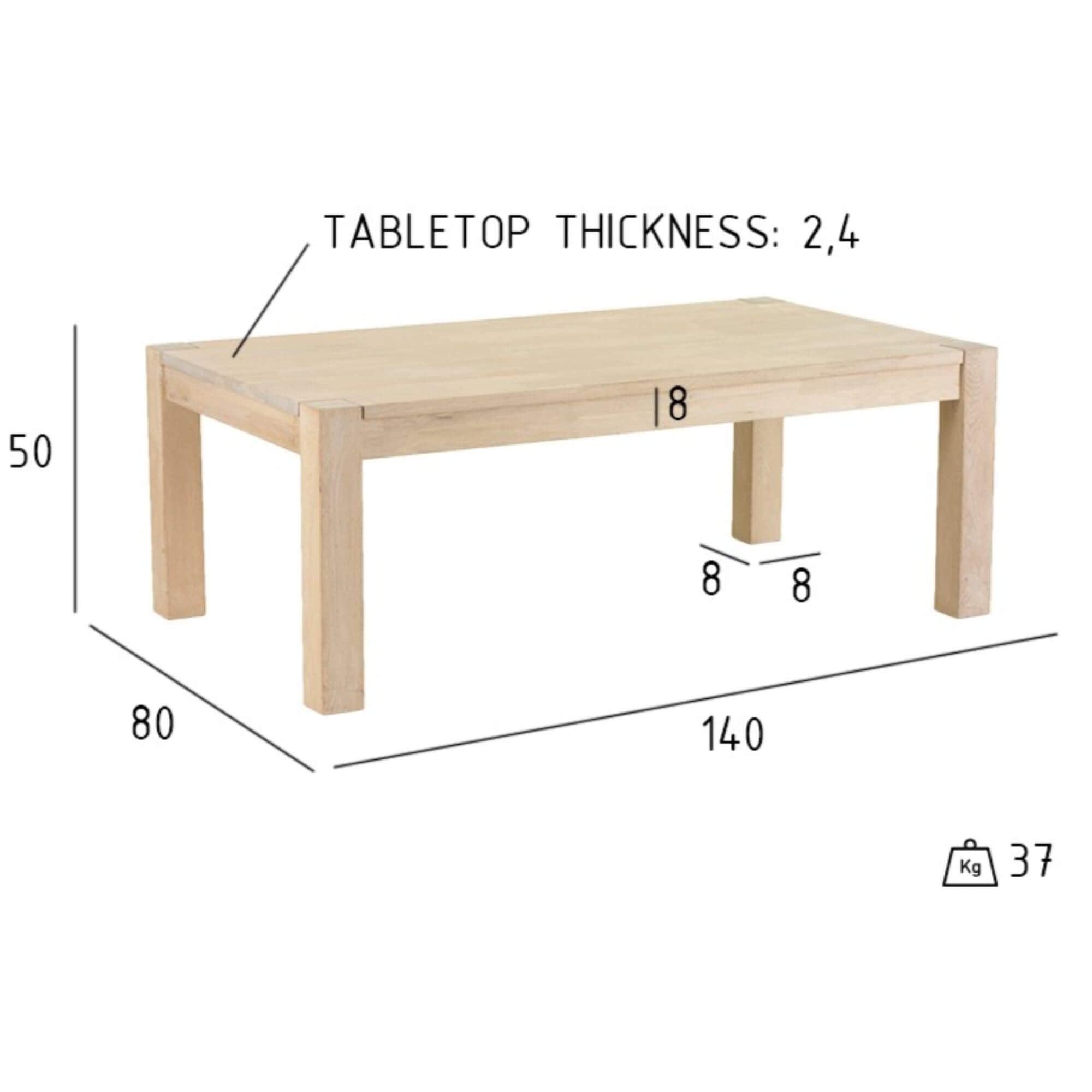 Texas Rectangular Solid Oak Coffee Table 140x80 cm with clean lines and natural wood finish.
