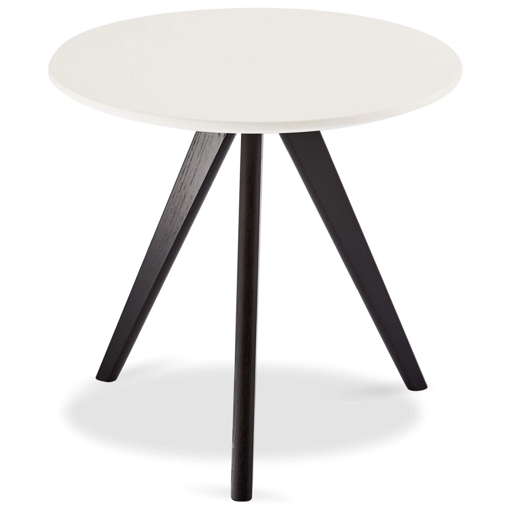 Round coffee table with white and black tabletop, featuring sturdy lacquered oak legs, designed for modern interiors.