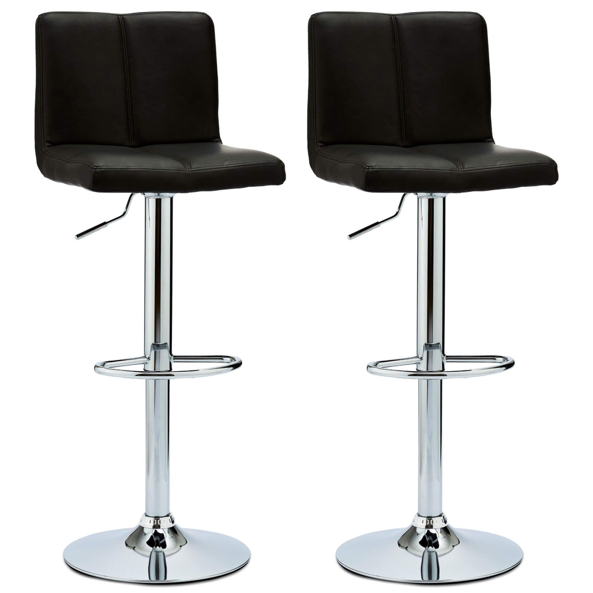 Set of 2 elegant black bar chairs with faux leather upholstery and adjustable metal bases, showcasing refined decorative stitching.