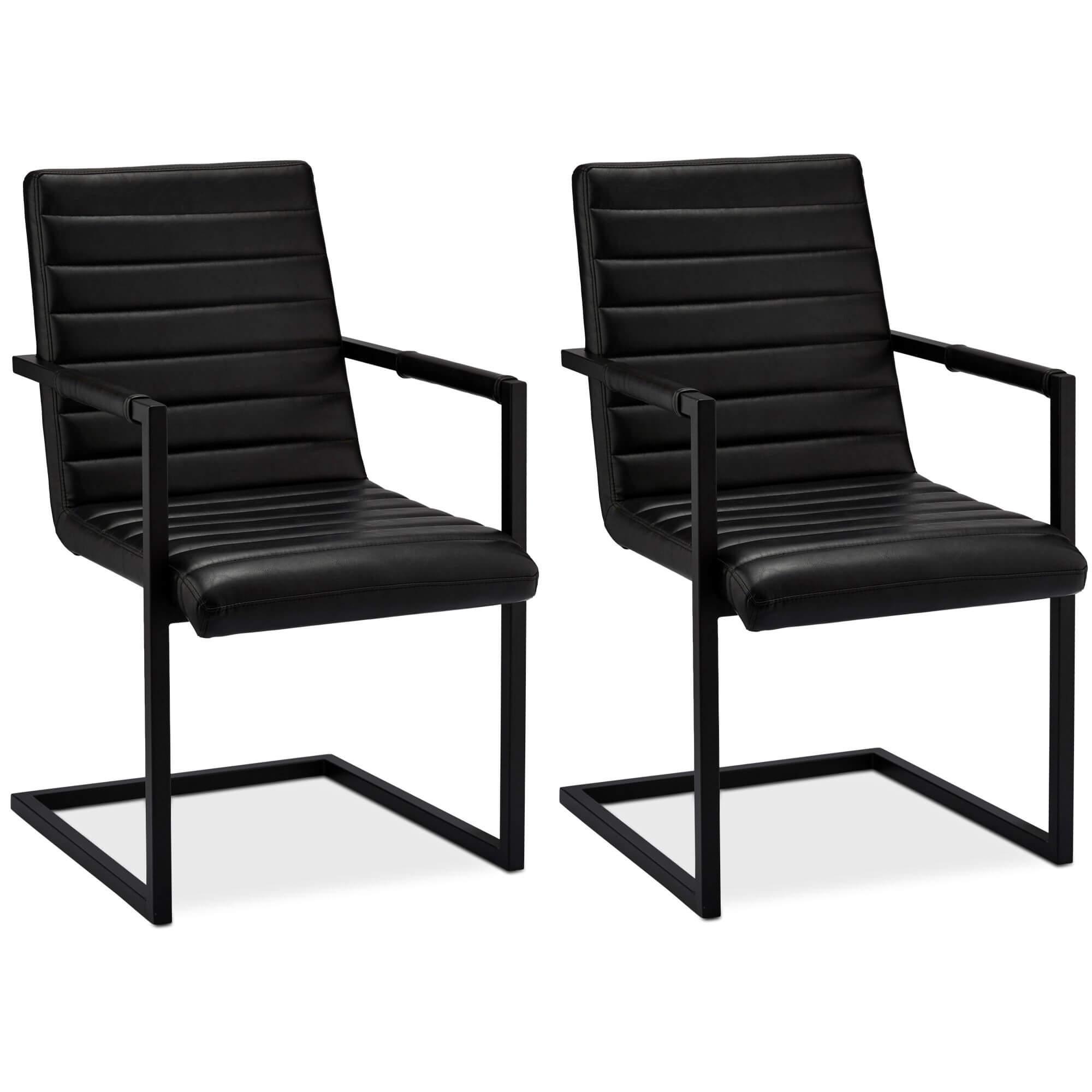 Set of 2 elegant black dining chairs with luxurious stitching and soft padding, perfect for dining or office use.