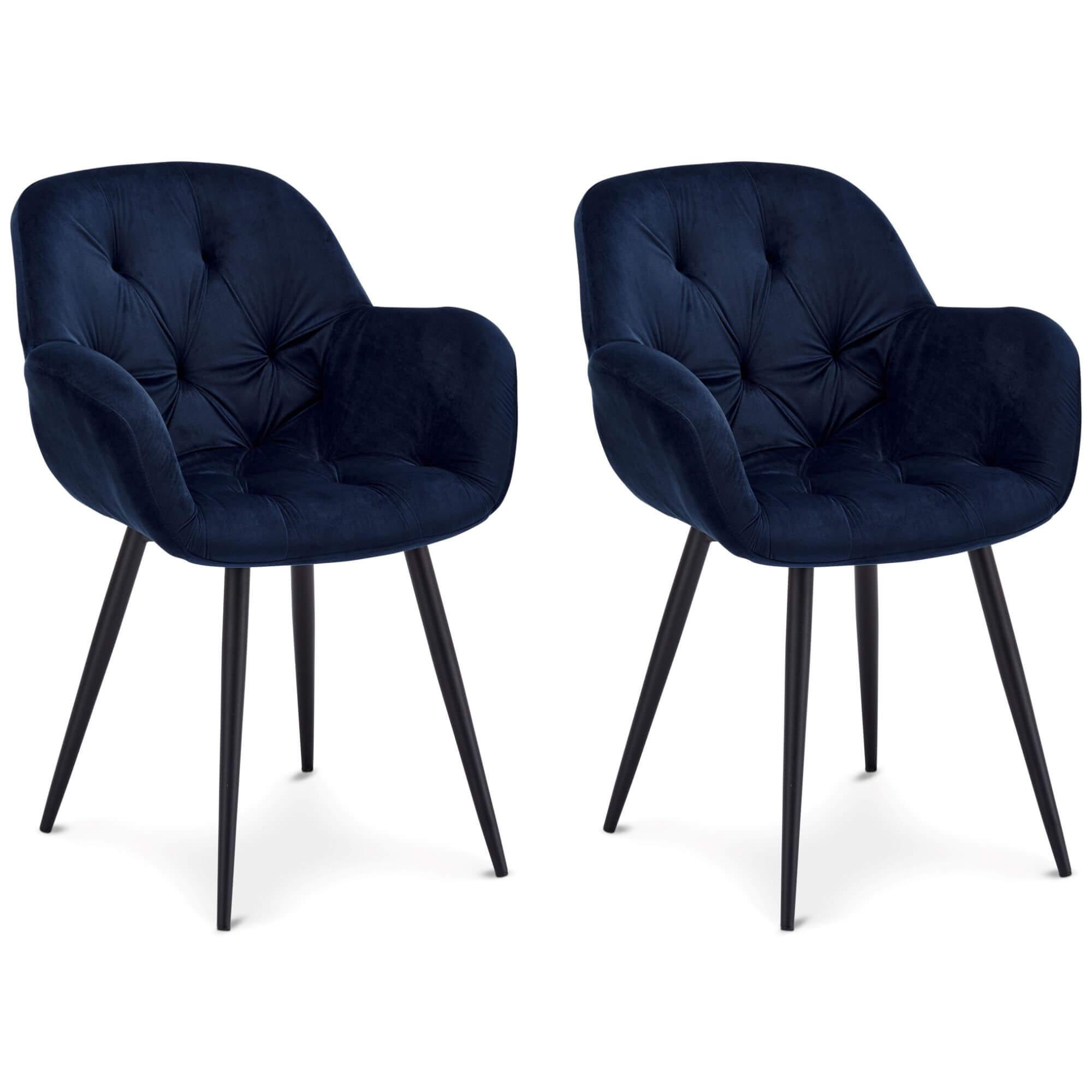 Set of 2 elegant blue dining chairs with velvety fabric and soft padding, perfect for enhancing any dining space.