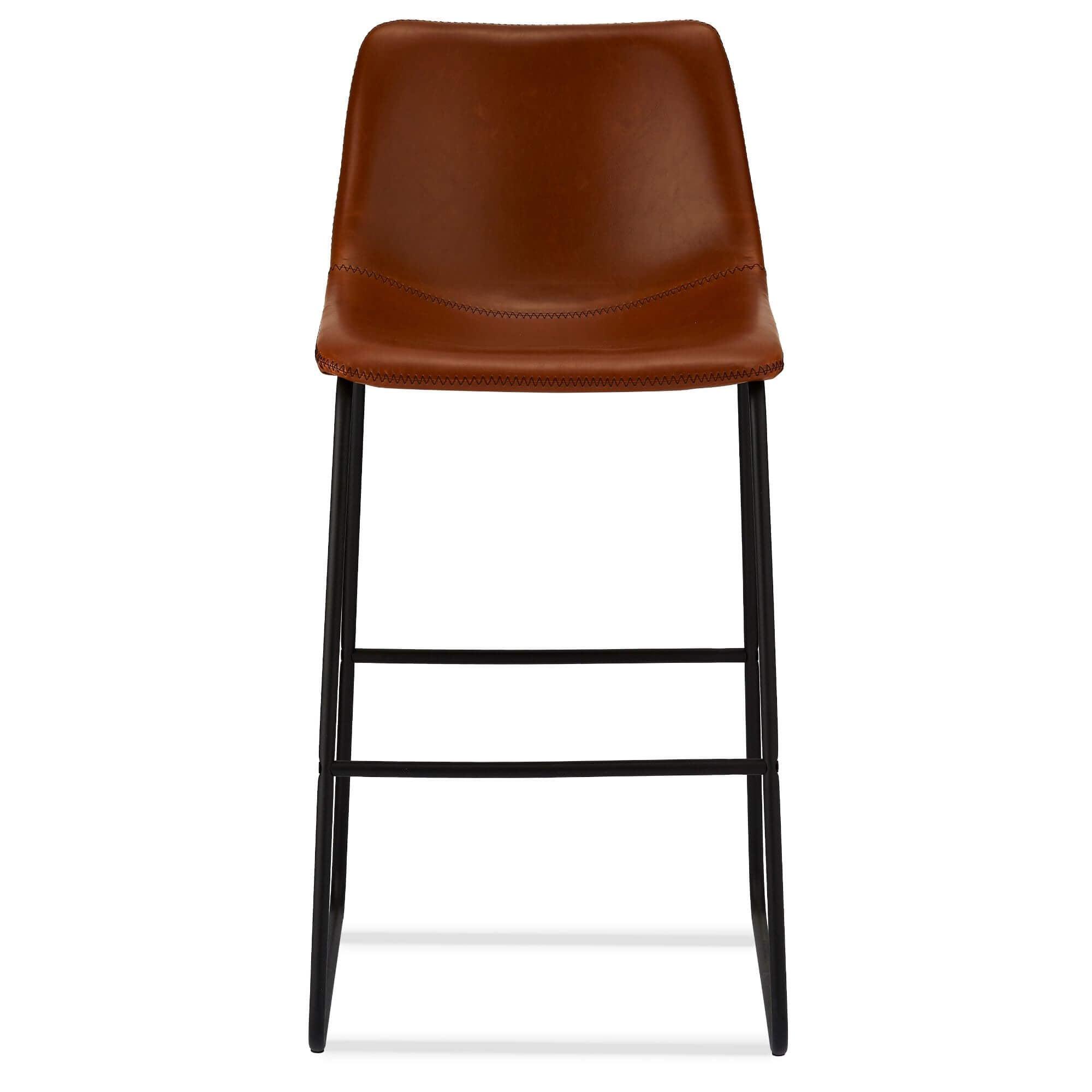 Set of 2 elegant brown bar chairs with hand-made stitching and comfortable swivel seats, perfect for enhancing any bar area.