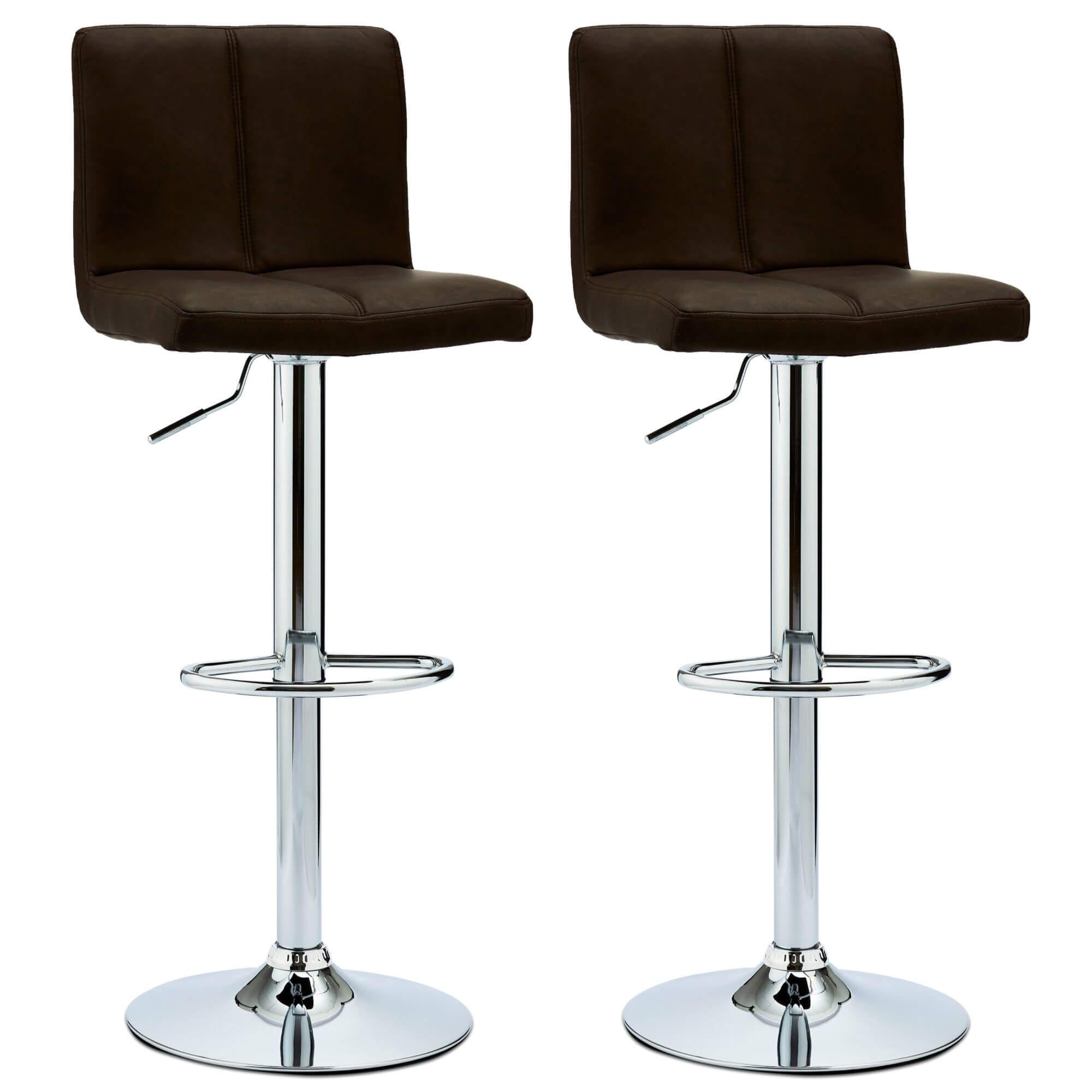 Set of 2 elegant dark brown bar chairs with faux leather upholstery and adjustable metal bases, showcasing refined decorative stitching.