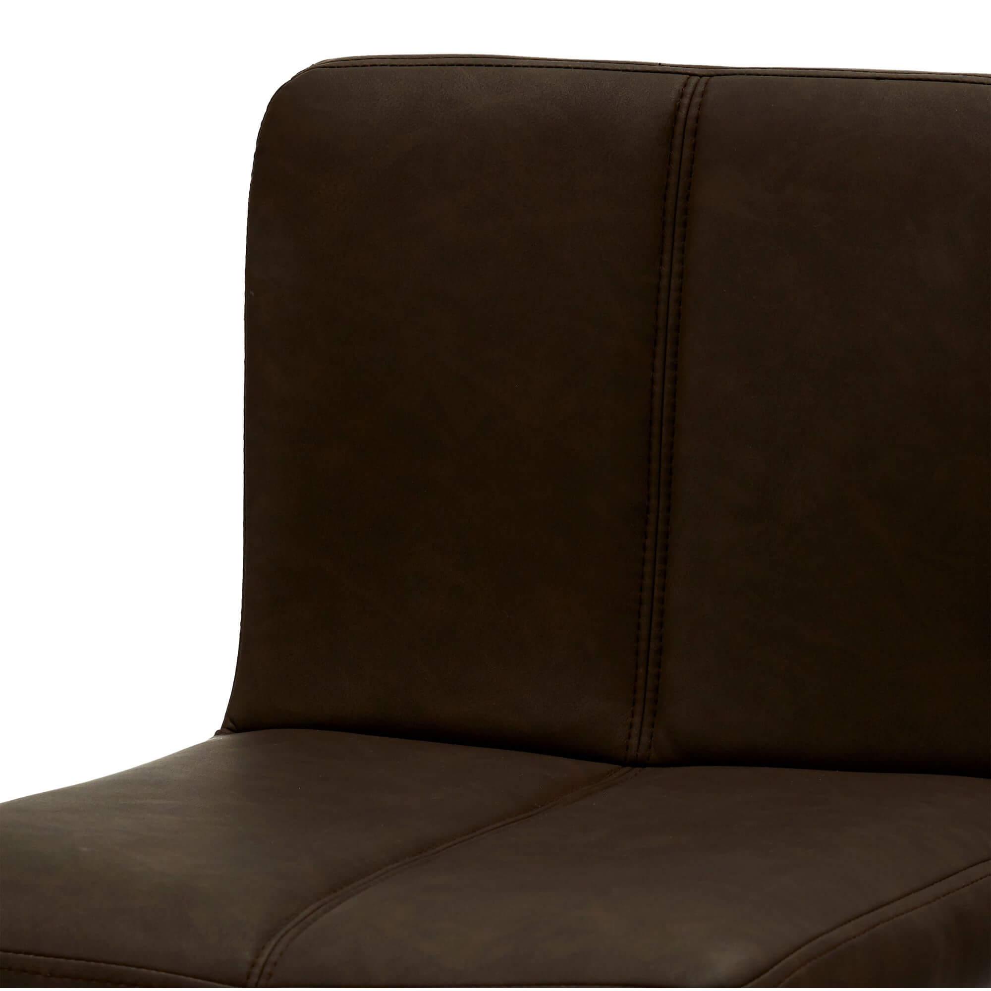 Set of 2 elegant dark brown bar chairs with faux leather upholstery and adjustable metal bases, showcasing refined decorative stitching.