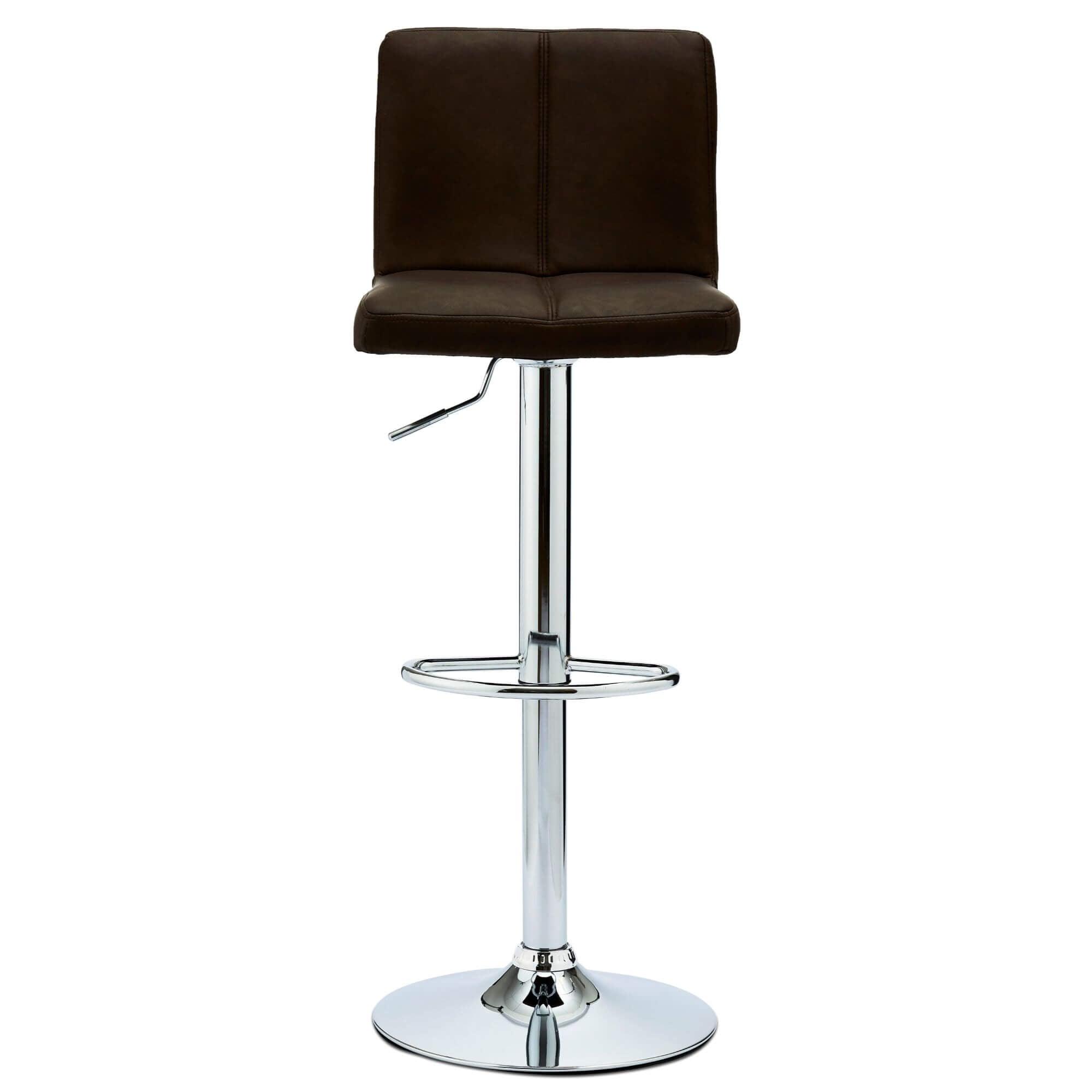 Set of 2 elegant dark brown bar chairs with faux leather upholstery and adjustable metal bases, showcasing refined decorative stitching.