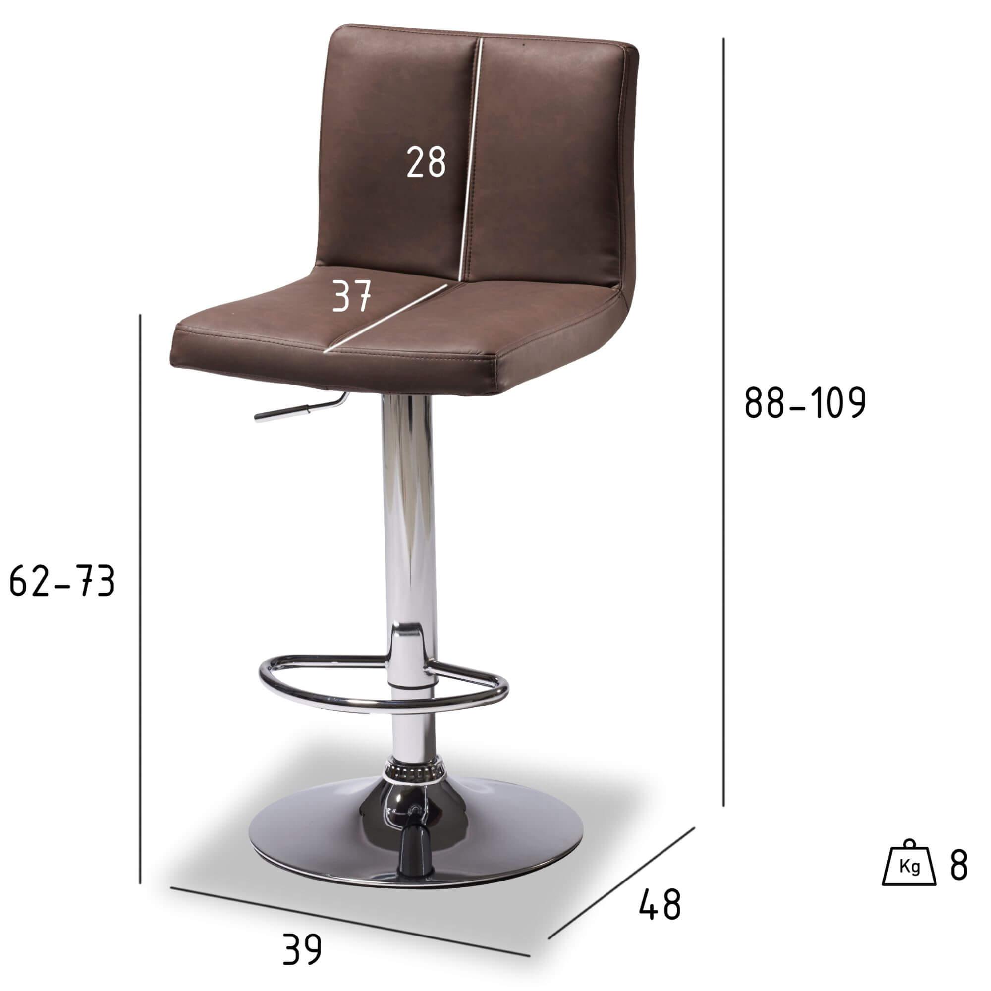 Set of 2 elegant dark brown bar chairs with faux leather upholstery and adjustable metal bases, showcasing refined decorative stitching.