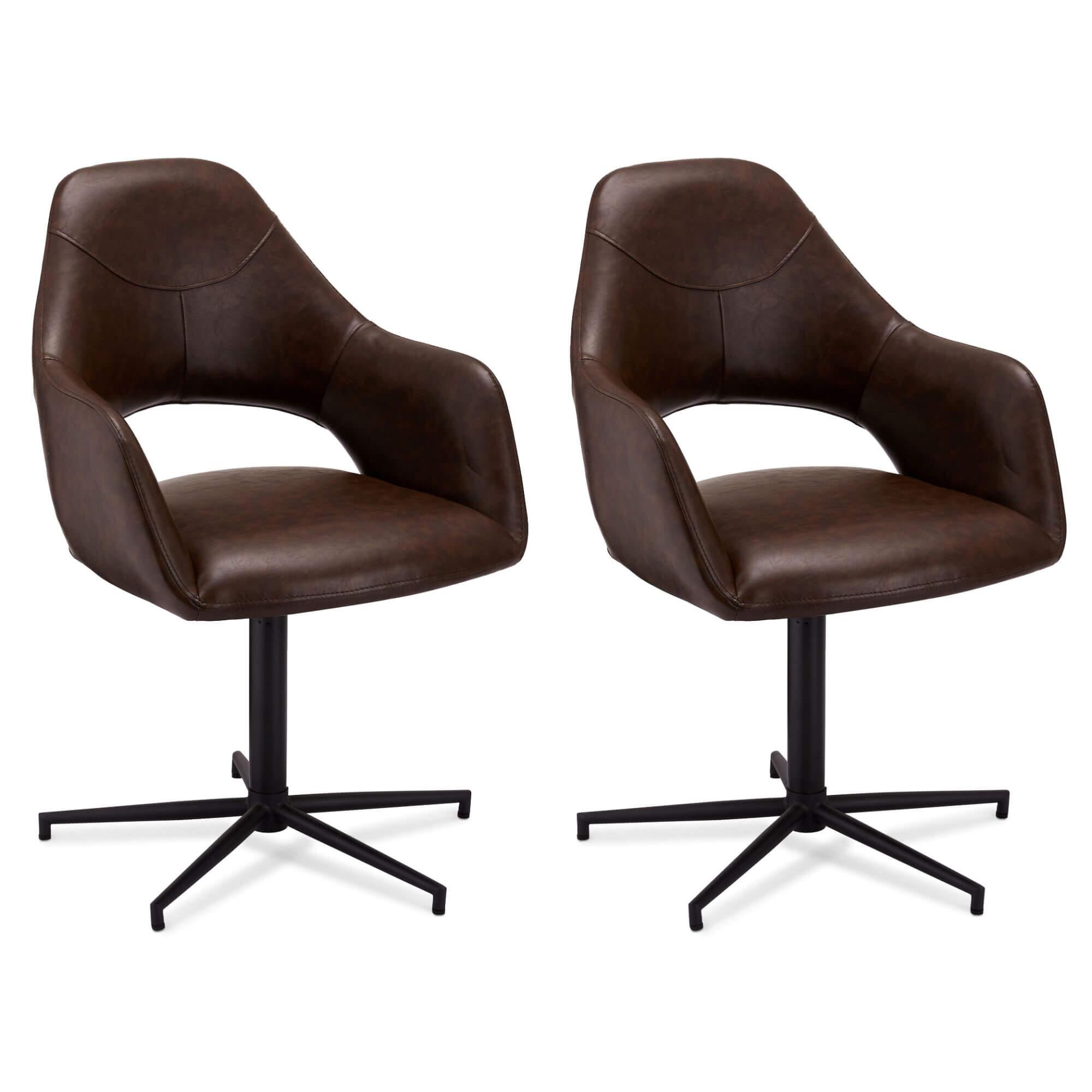 Set of 2 elegant dark brown dining chairs with swivel function and sturdy legs, perfect for vintage or industrial style interiors.