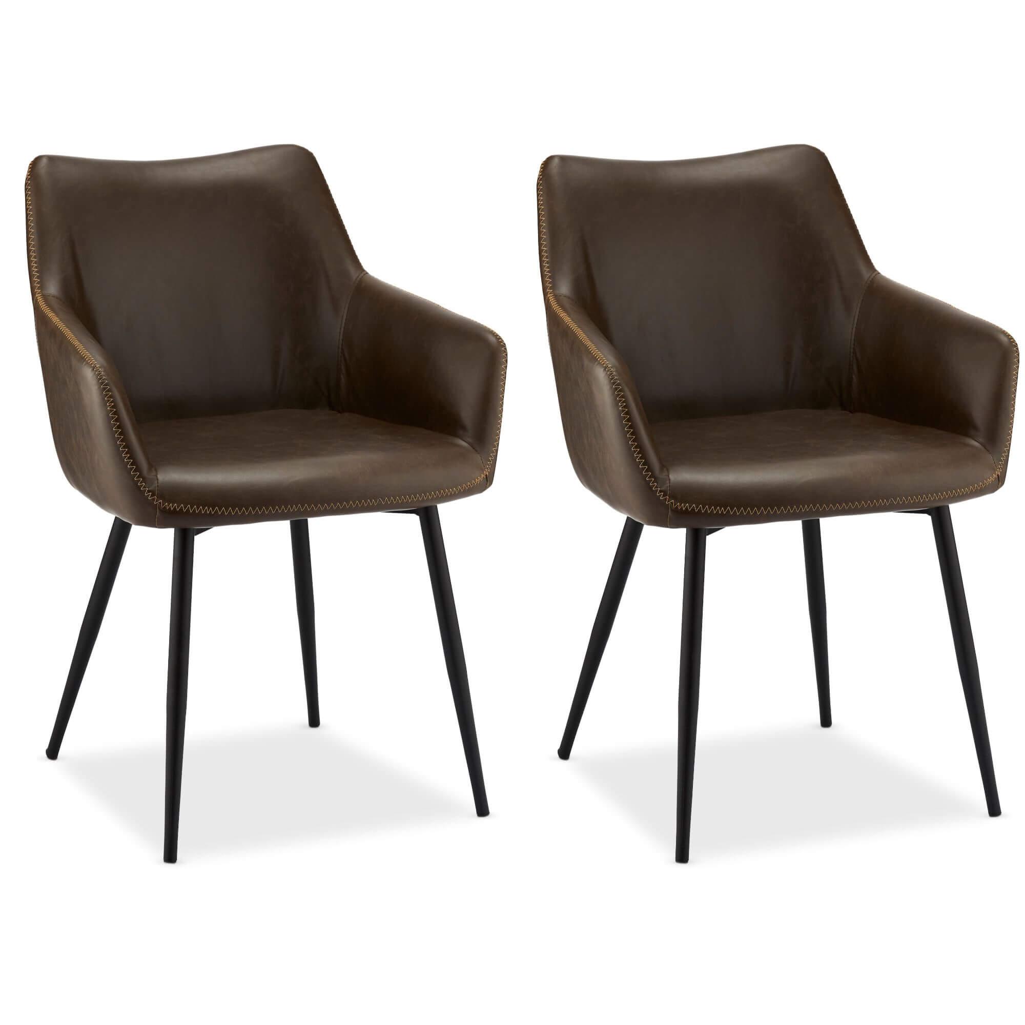 Set of 2 elegant dark brown dining chairs with soft foam cushions and decorative stitching, perfect for stylish dining spaces.