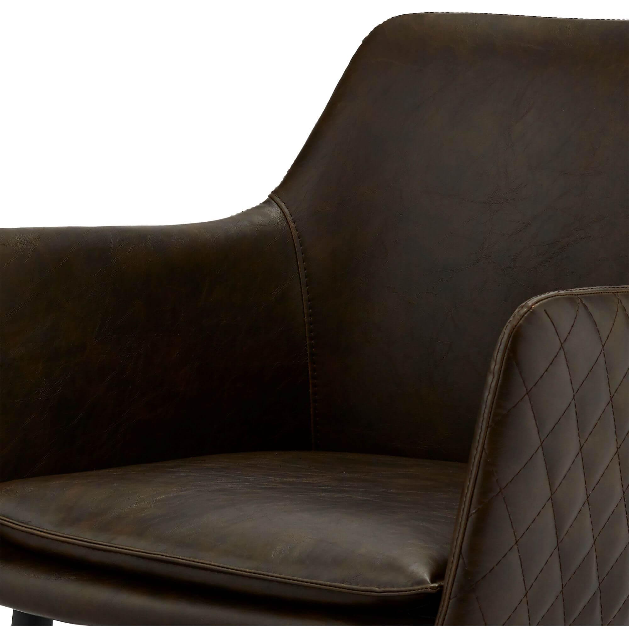 Set of 2 Dark Brown Dining Chairs Shiva with sculpted armrests and decorative diamond stitching, showcasing a luxurious faux leather finish.