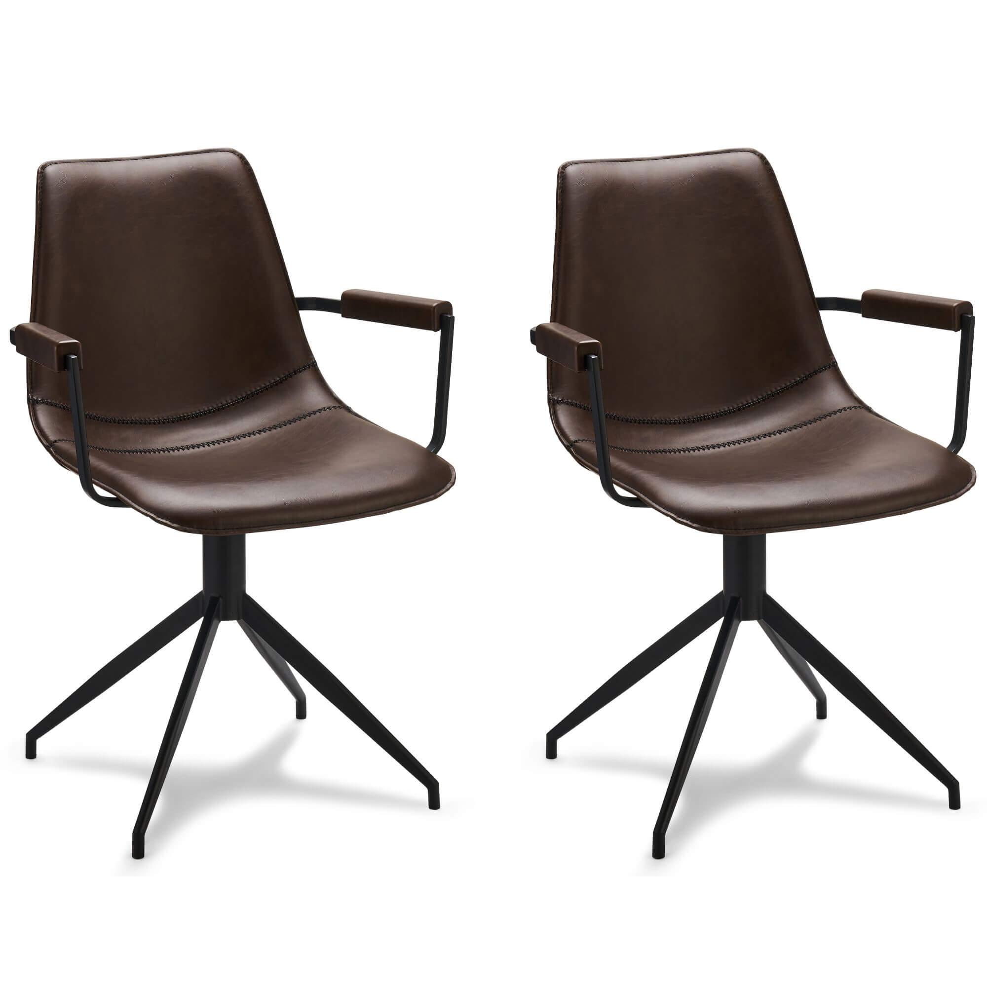 Set of 2 dark brown dining chairs with armrests, featuring soft faux leather upholstery and a modern design.
