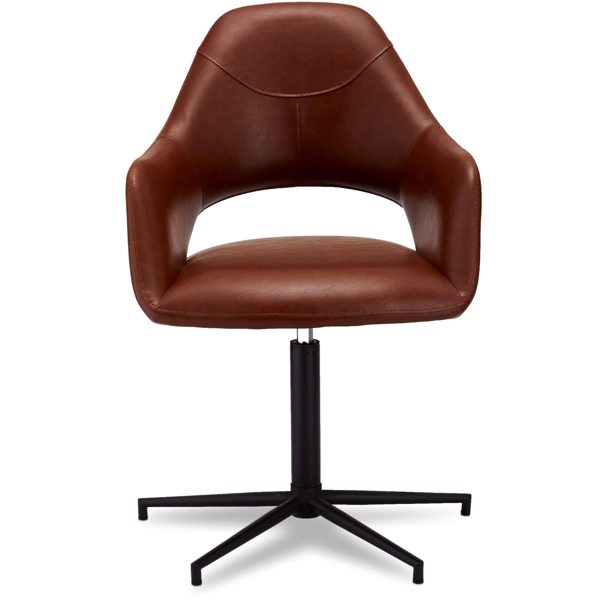 Set of 2 light brown dining chairs with elegant stitching and swivel function, perfect for vintage or industrial decor.