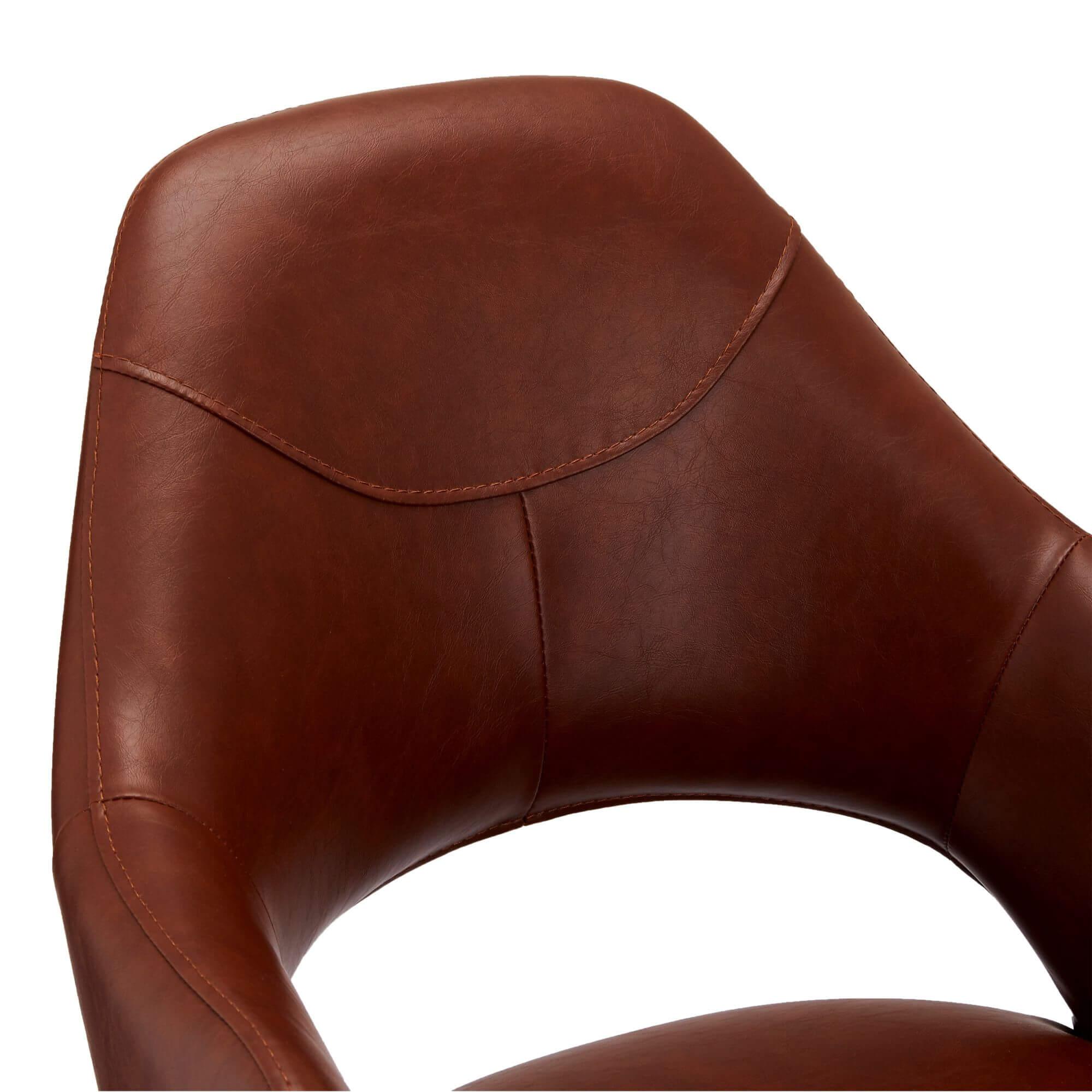 Set of 2 light brown dining chairs with elegant stitching and swivel function, perfect for vintage or industrial decor.